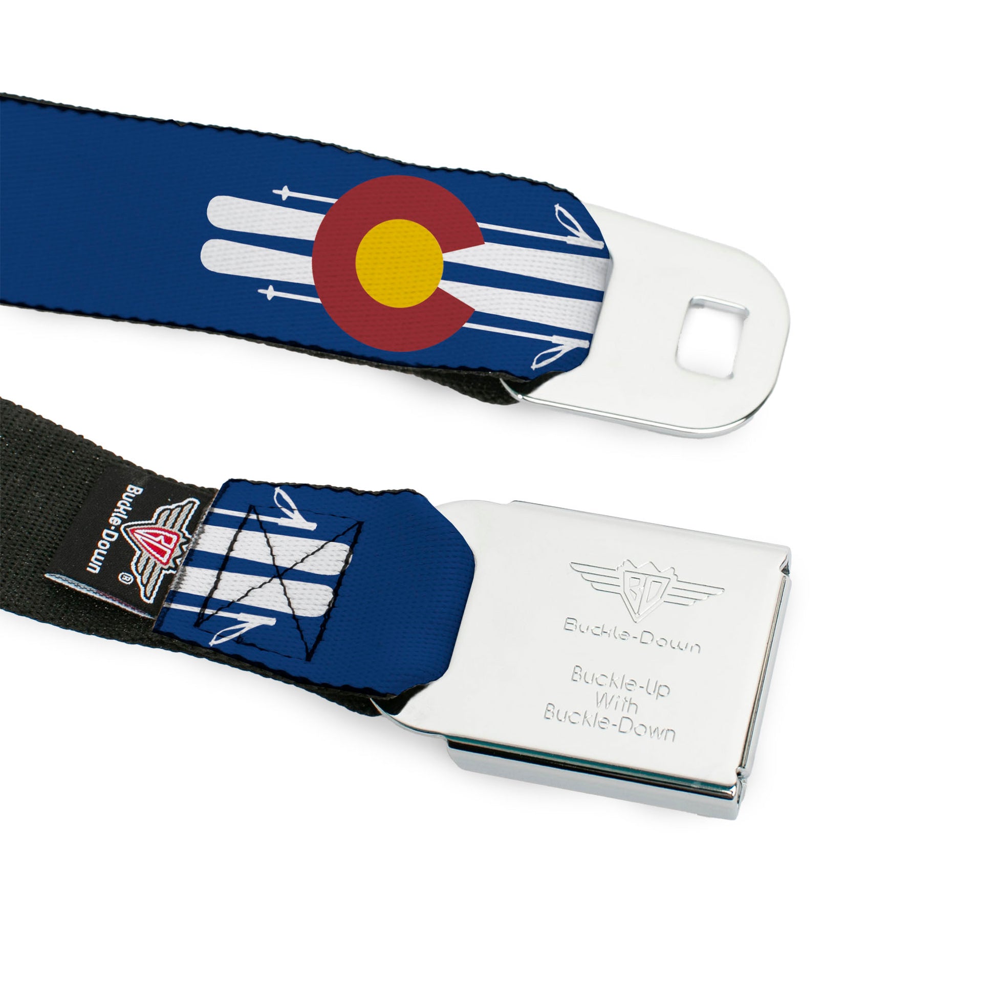 BD Wings Logo CLOSE-UP Black/Silver Seatbelt Belt - Colorado Logo/Skis Blue/White/Red/Yellow Webbing Seatbelt Belts Buckle-Down