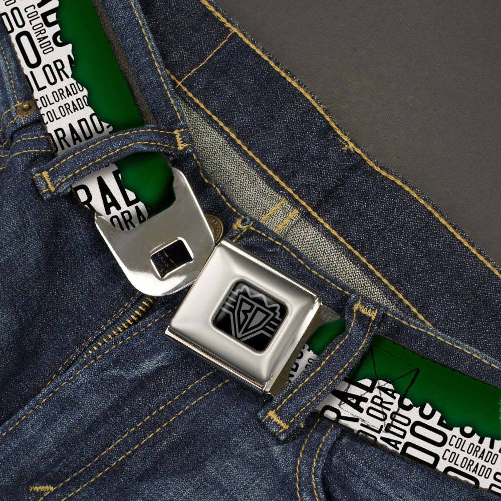 BD Wings Logo CLOSE-UP Black/Silver Seatbelt Belt - Colorado Mountains Green/White/Black Text Webbing Seatbelt Belts Buckle-Down