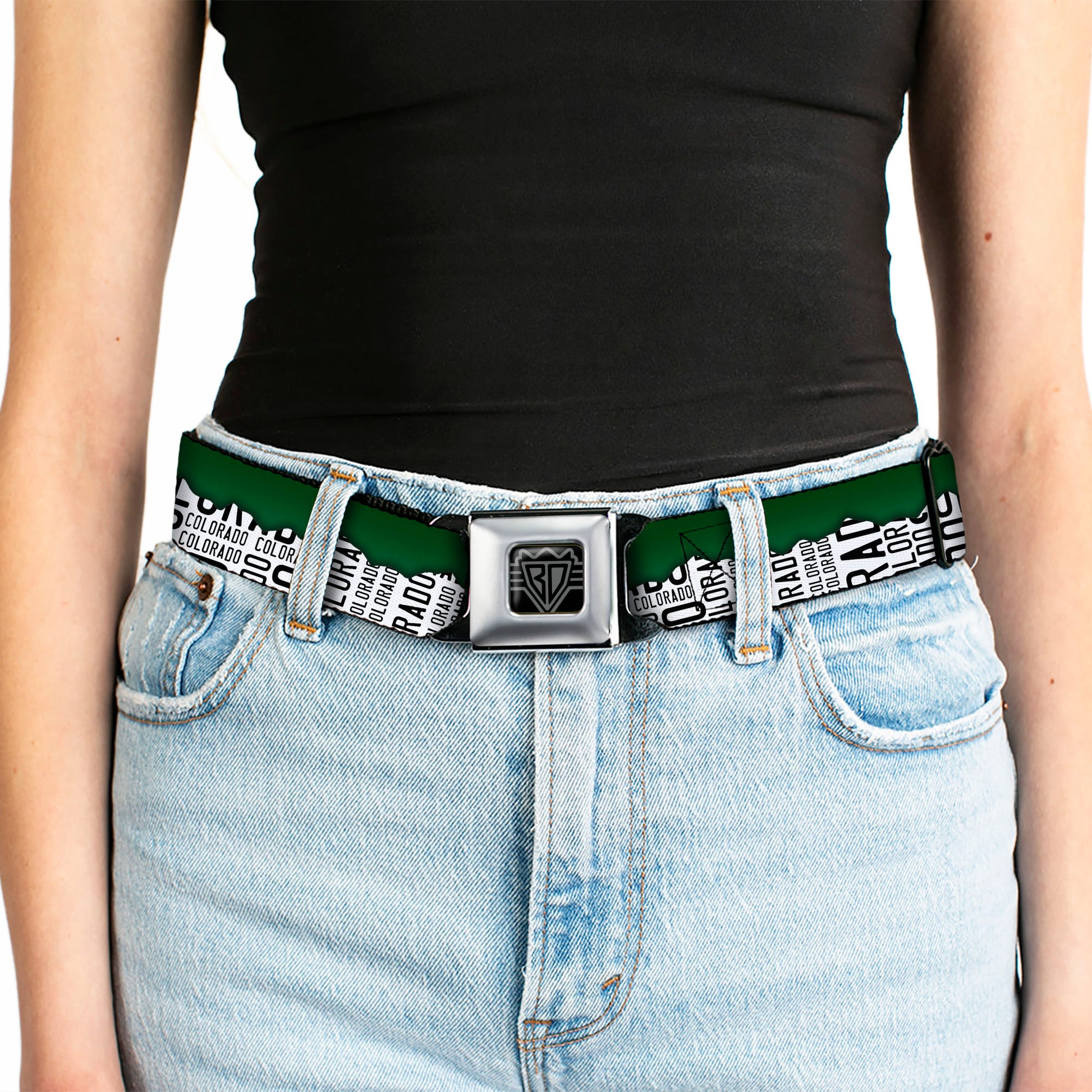 BD Wings Logo CLOSE-UP Black/Silver Seatbelt Belt - Colorado Mountains Green/White/Black Text Webbing Seatbelt Belts Buckle-Down