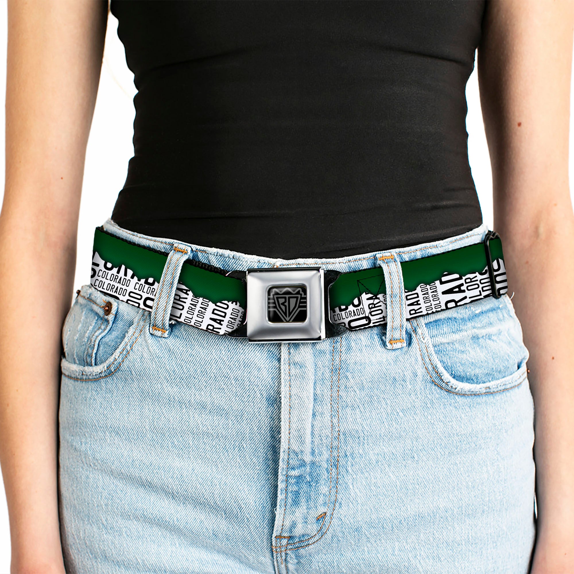 BD Wings Logo CLOSE-UP Black/Silver Seatbelt Belt - Colorado Mountains Green/White/Black Text Webbing Seatbelt Belts Buckle-Down