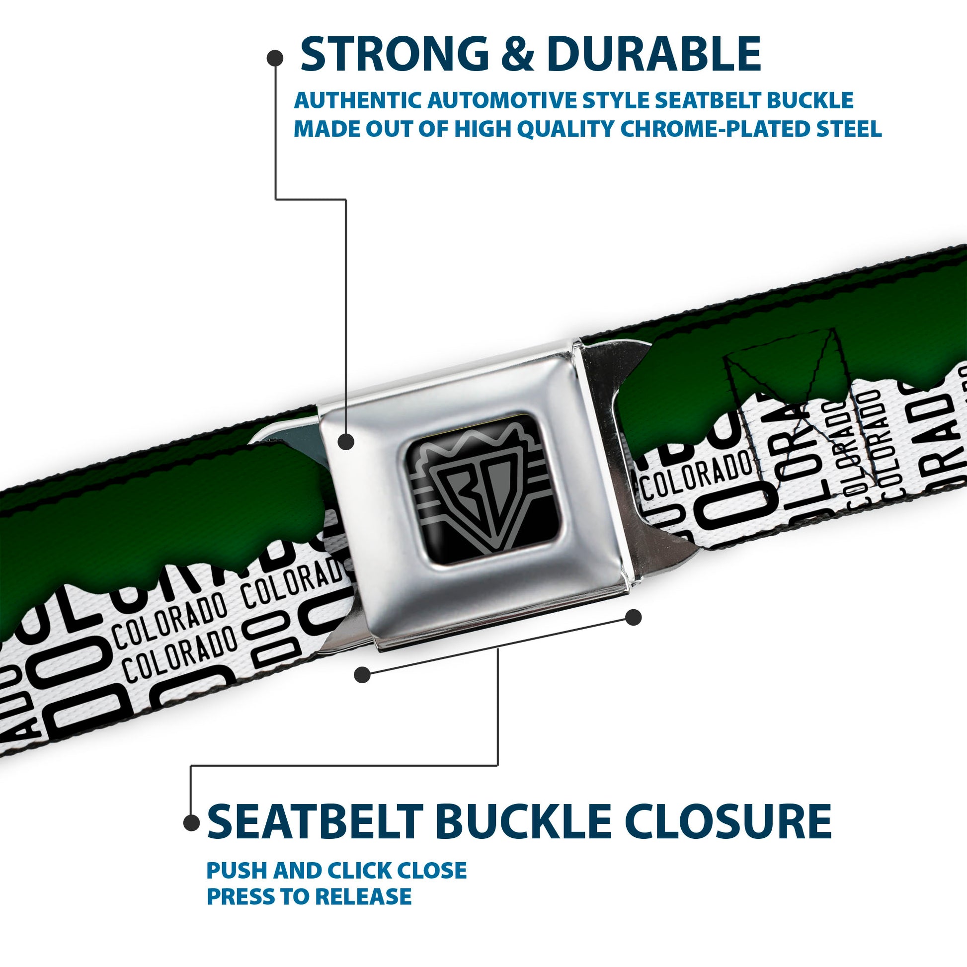 BD Wings Logo CLOSE-UP Black/Silver Seatbelt Belt - Colorado Mountains Green/White/Black Text Webbing Seatbelt Belts Buckle-Down