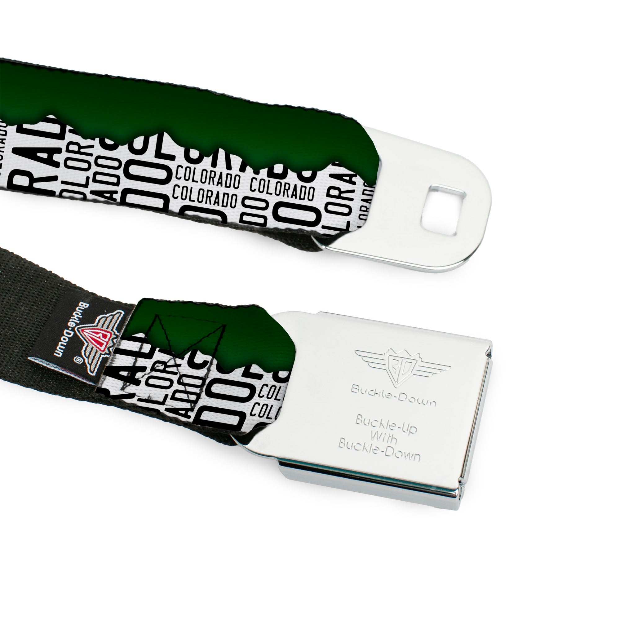 BD Wings Logo CLOSE-UP Black/Silver Seatbelt Belt - Colorado Mountains Green/White/Black Text Webbing Seatbelt Belts Buckle-Down