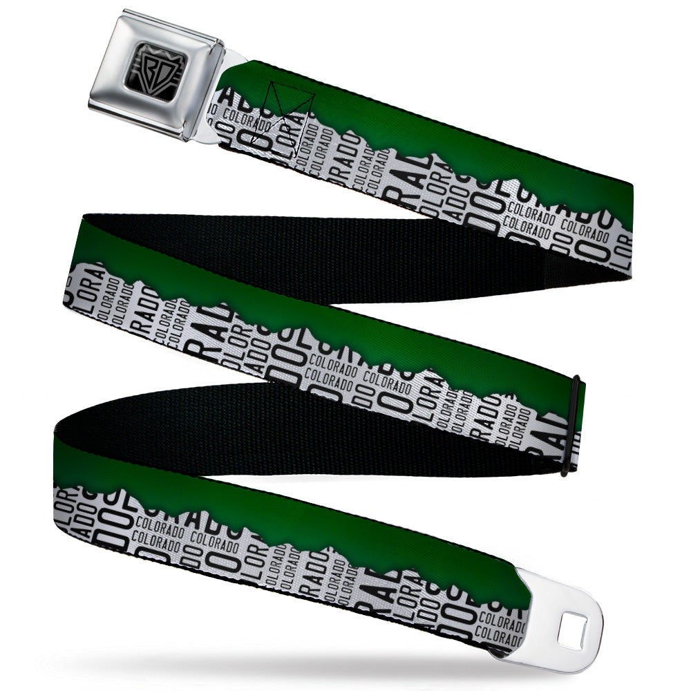 BD Wings Logo CLOSE-UP Black/Silver Seatbelt Belt - Colorado Mountains Green/White/Black Text Webbing Seatbelt Belts Buckle-Down