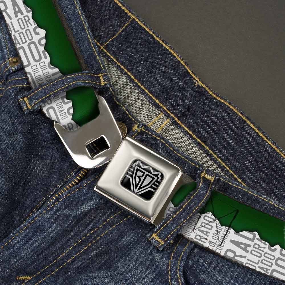 BD Wings Logo CLOSE-UP Full Color Black Silver Seatbelt Belt - Colorado Mountains Green/White/Gray Text Webbing Seatbelt Belts Buckle-Down