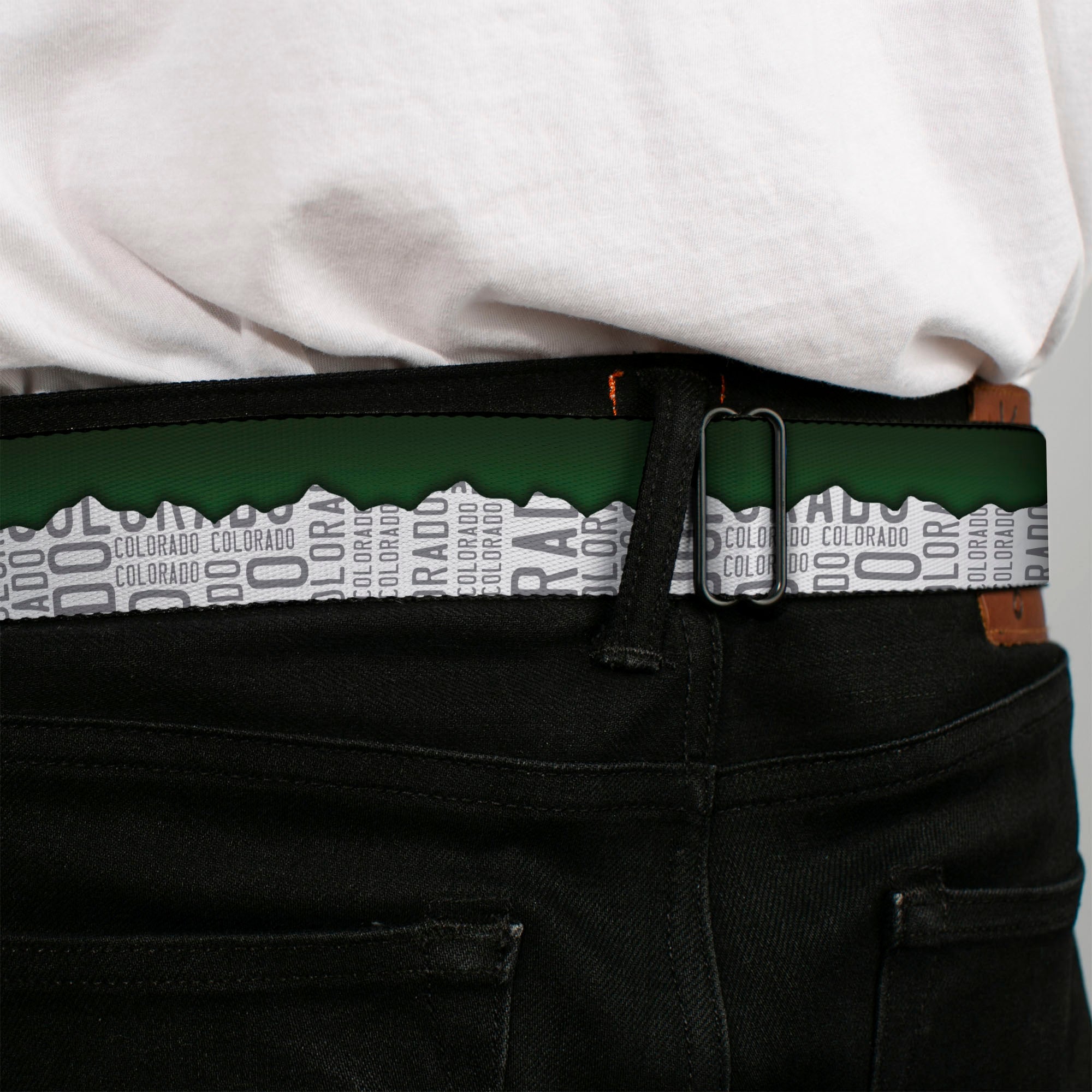 BD Wings Logo CLOSE-UP Full Color Black Silver Seatbelt Belt - Colorado Mountains Green/White/Gray Text Webbing Seatbelt Belts Buckle-Down