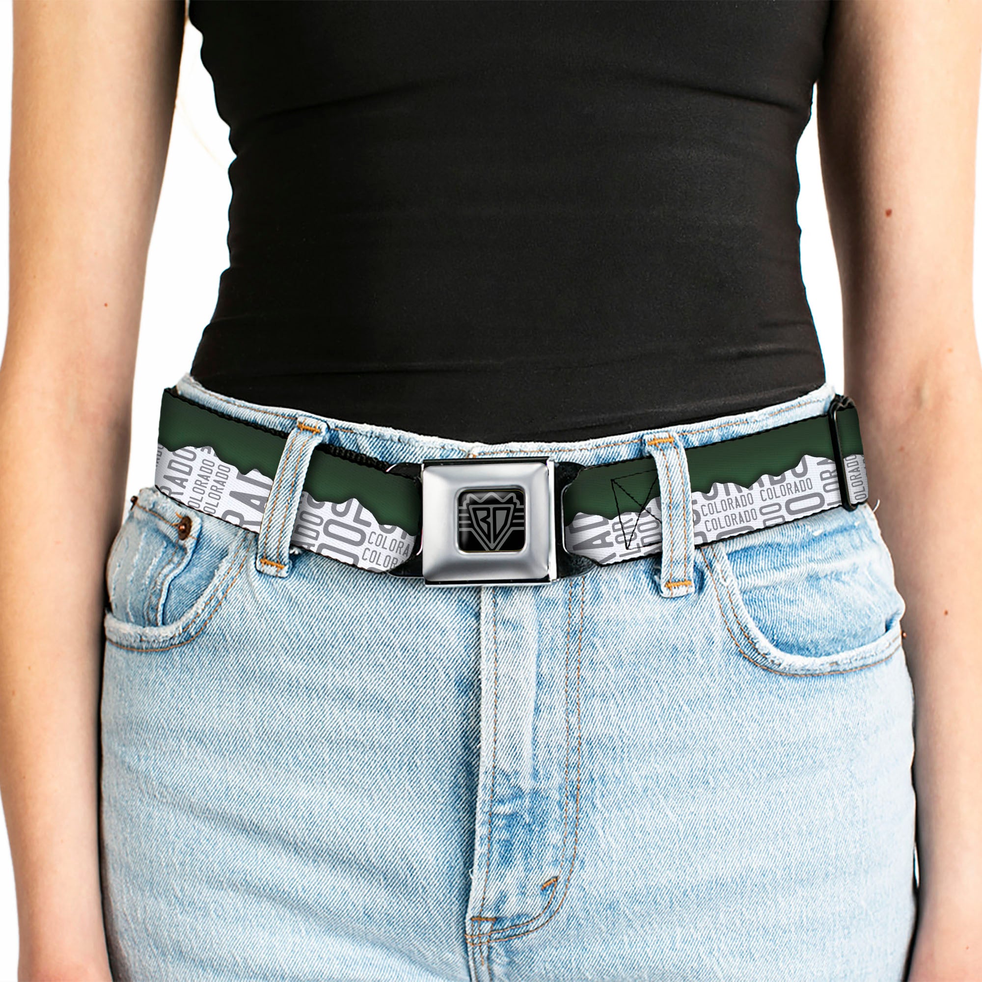 BD Wings Logo CLOSE-UP Full Color Black Silver Seatbelt Belt - Colorado Mountains Green/White/Gray Text Webbing Seatbelt Belts Buckle-Down