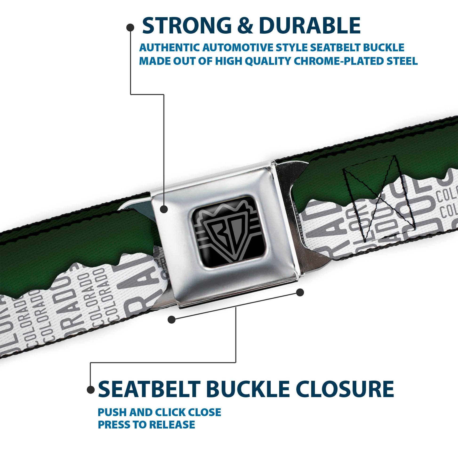 BD Wings Logo CLOSE-UP Full Color Black Silver Seatbelt Belt - Colorado Mountains Green/White/Gray Text Webbing Seatbelt Belts Buckle-Down