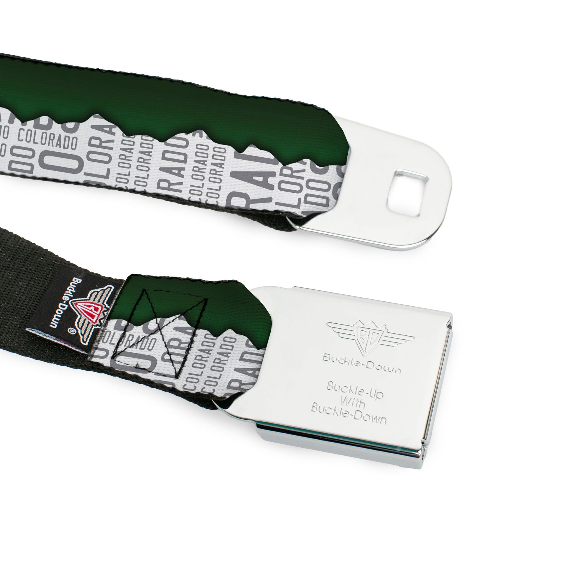 BD Wings Logo CLOSE-UP Full Color Black Silver Seatbelt Belt - Colorado Mountains Green/White/Gray Text Webbing Seatbelt Belts Buckle-Down