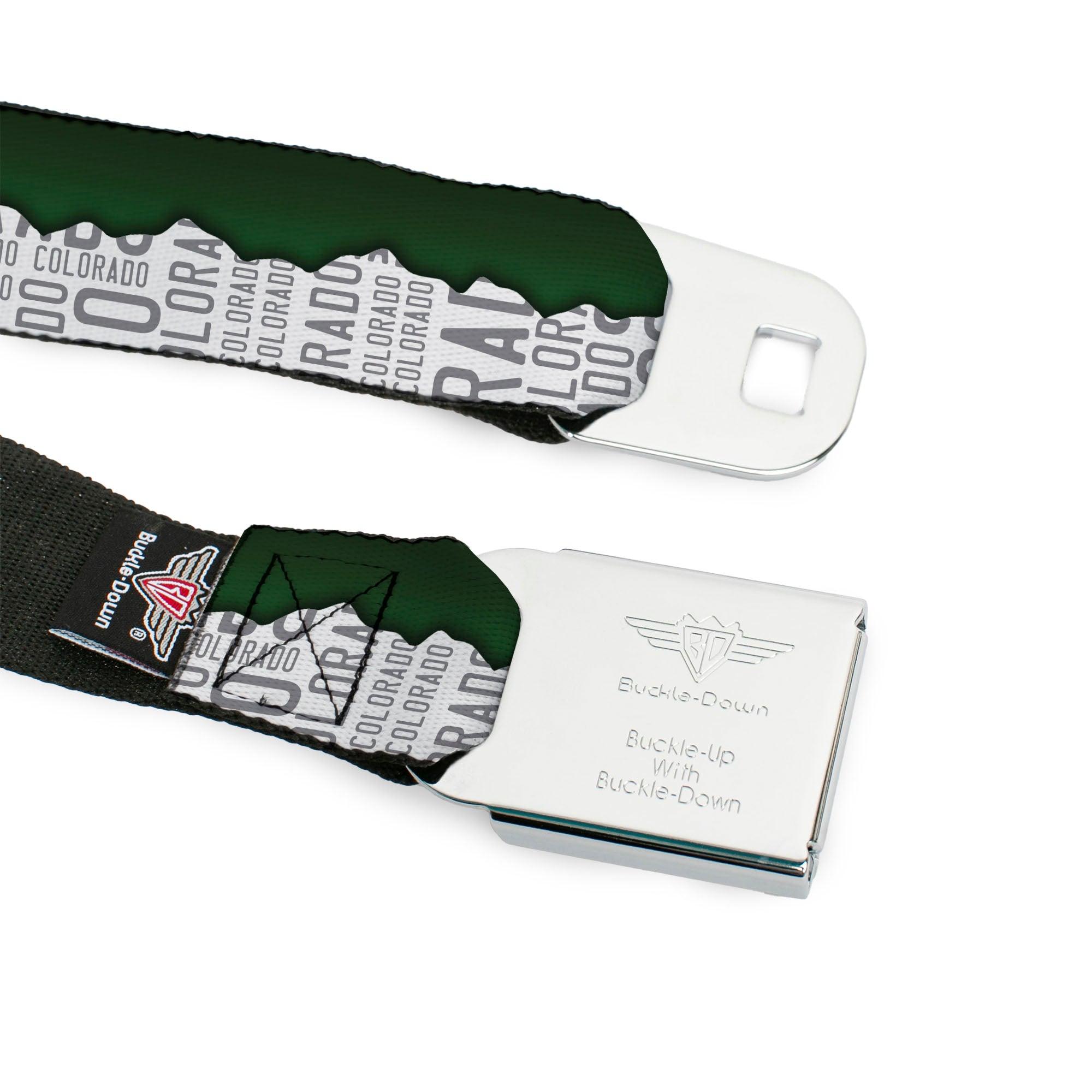 BD Wings Logo CLOSE-UP Full Color Black Silver Seatbelt Belt - Colorado Mountains Green/White/Gray Text Webbing Seatbelt Belts Buckle-Down