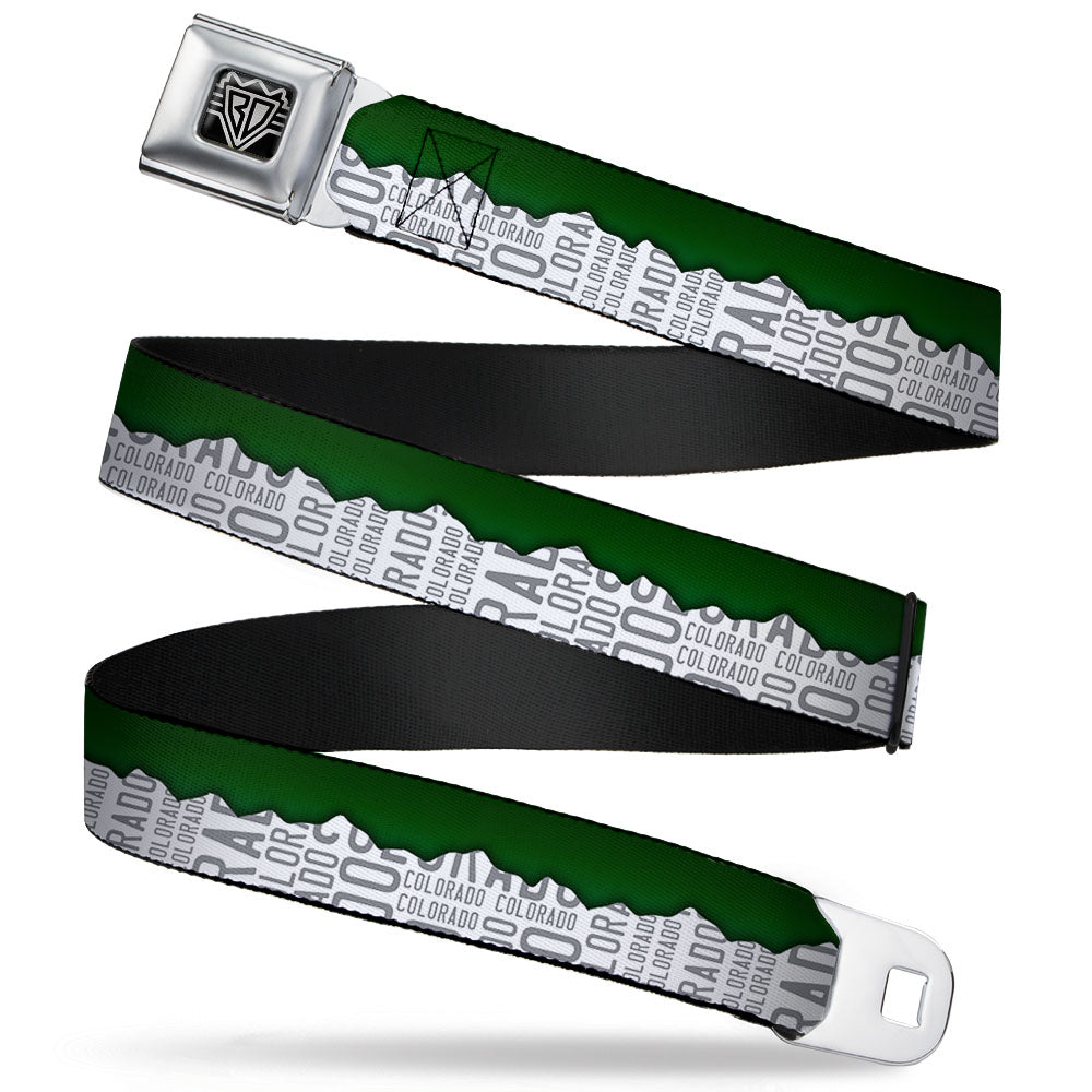 BD Wings Logo CLOSE-UP Full Color Black Silver Seatbelt Belt - Colorado Mountains Green/White/Gray Text Webbing Seatbelt Belts Buckle-Down