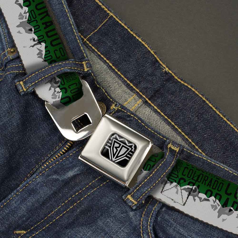 BD Wings Logo CLOSE-UP Full Color Black Silver Seatbelt Belt - Colorado Mountains Green/Black Text/Grays Webbing Seatbelt Belts Buckle-Down