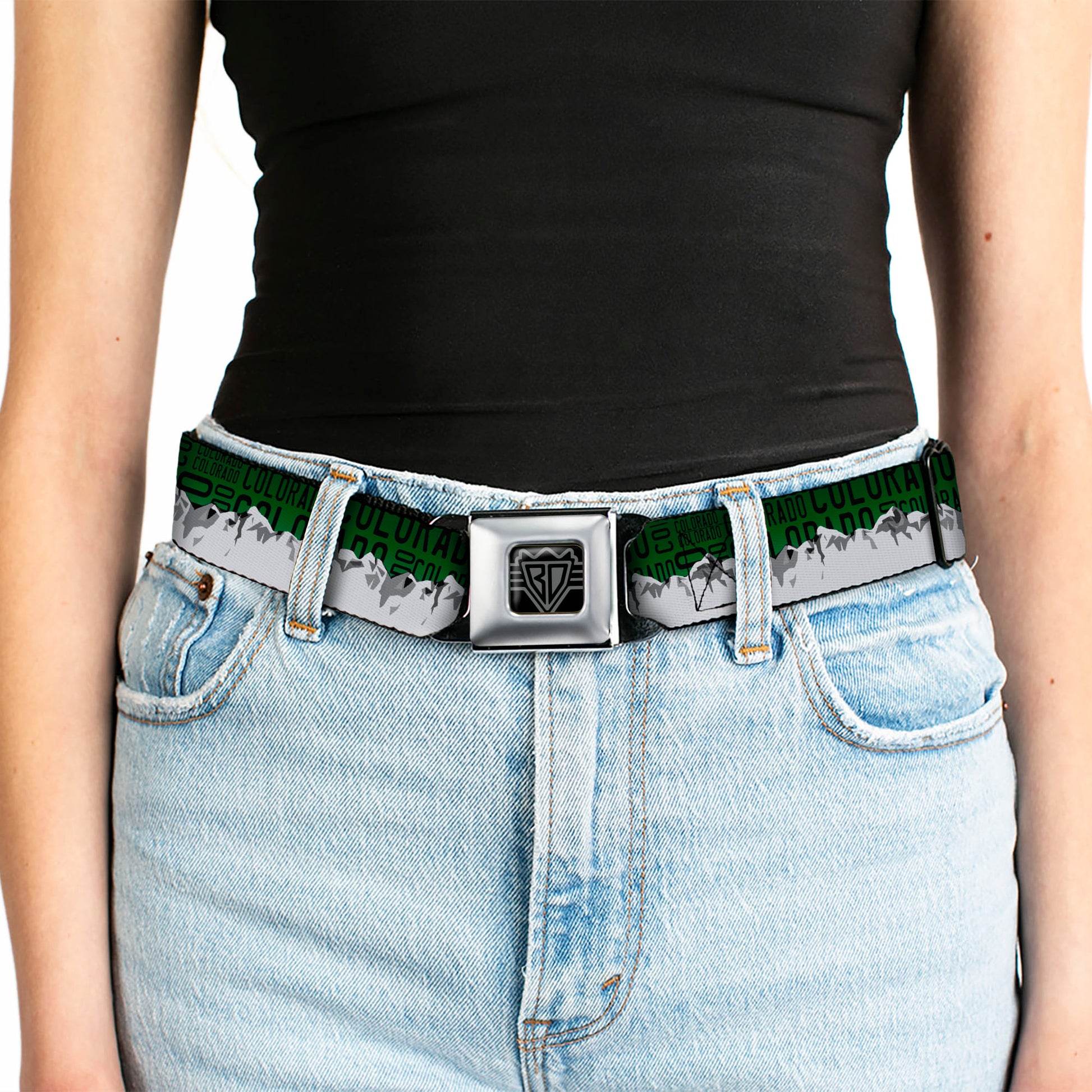 BD Wings Logo CLOSE-UP Full Color Black Silver Seatbelt Belt - Colorado Mountains Green/Black Text/Grays Webbing Seatbelt Belts Buckle-Down