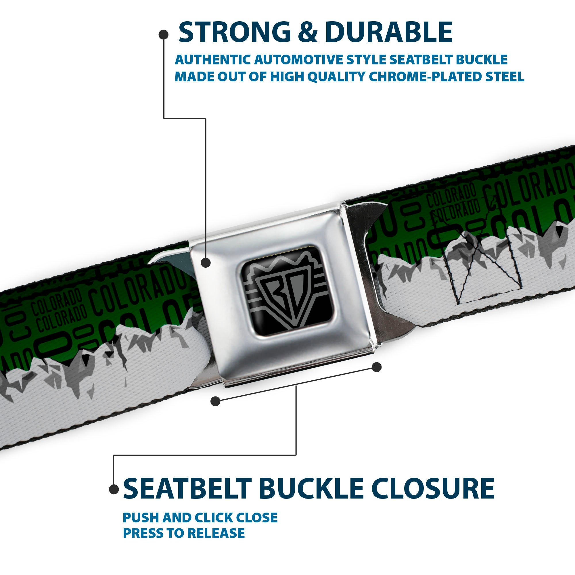 BD Wings Logo CLOSE-UP Full Color Black Silver Seatbelt Belt - Colorado Mountains Green/Black Text/Grays Webbing Seatbelt Belts Buckle-Down