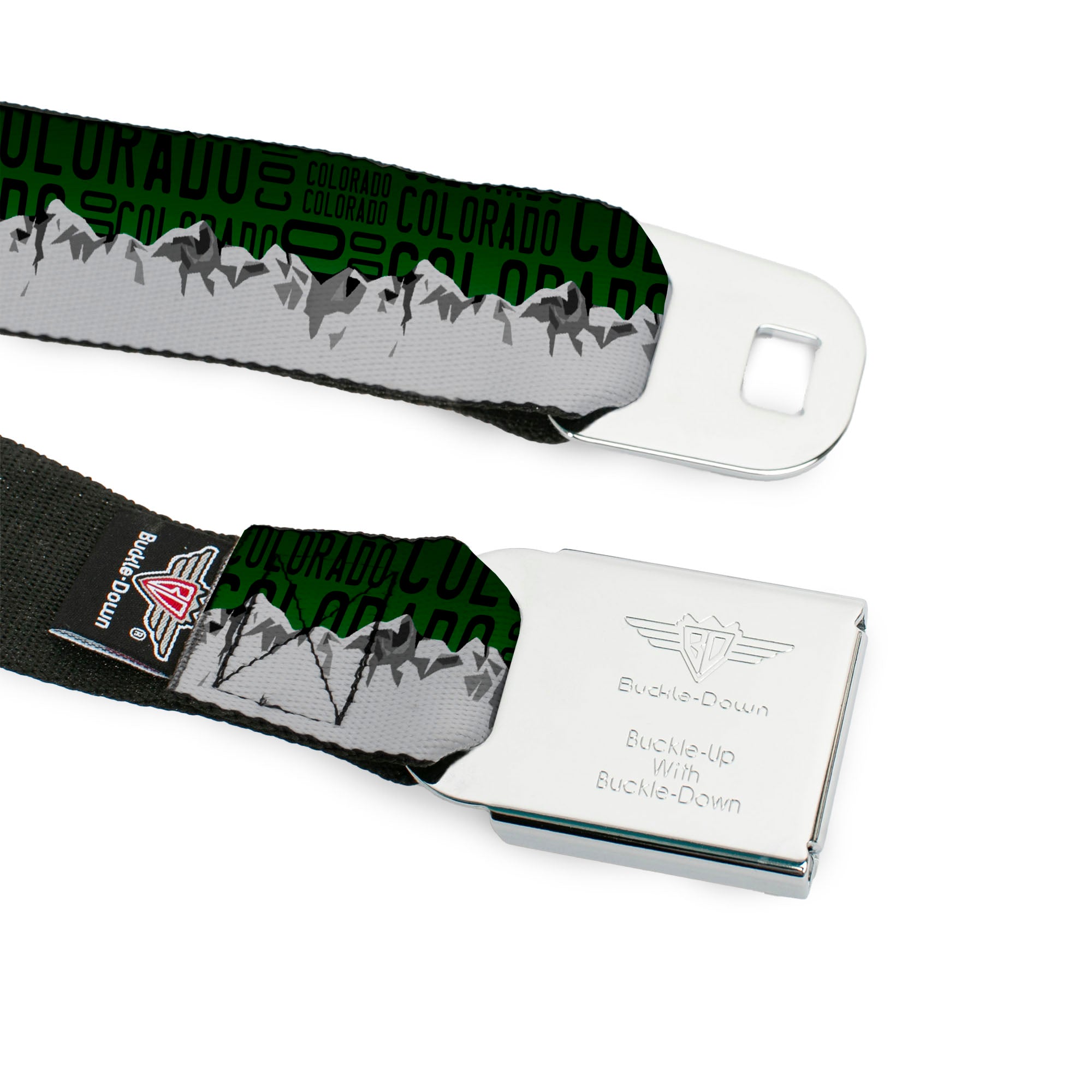 BD Wings Logo CLOSE-UP Full Color Black Silver Seatbelt Belt - Colorado Mountains Green/Black Text/Grays Webbing Seatbelt Belts Buckle-Down