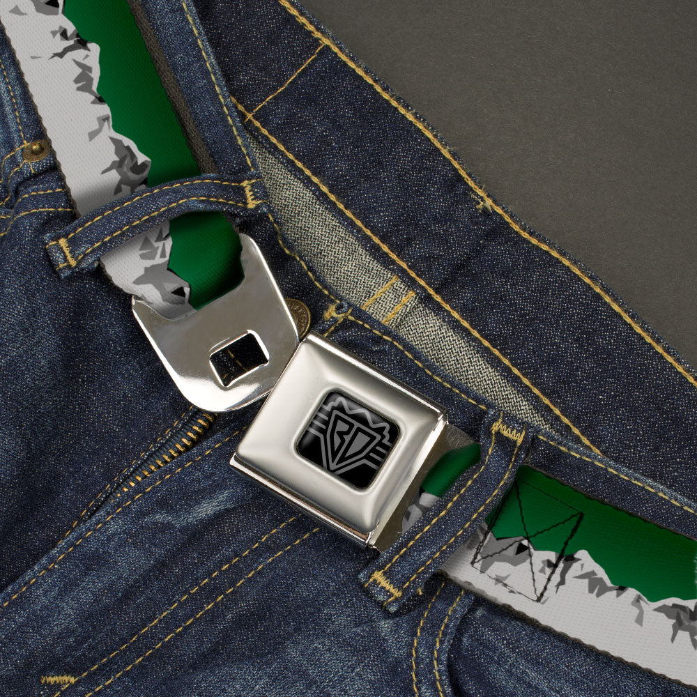 BD Wings Logo CLOSE-UP Black/Silver Seatbelt Belt - Colorado Mountains Green/Grays Webbing Seatbelt Belts Buckle-Down