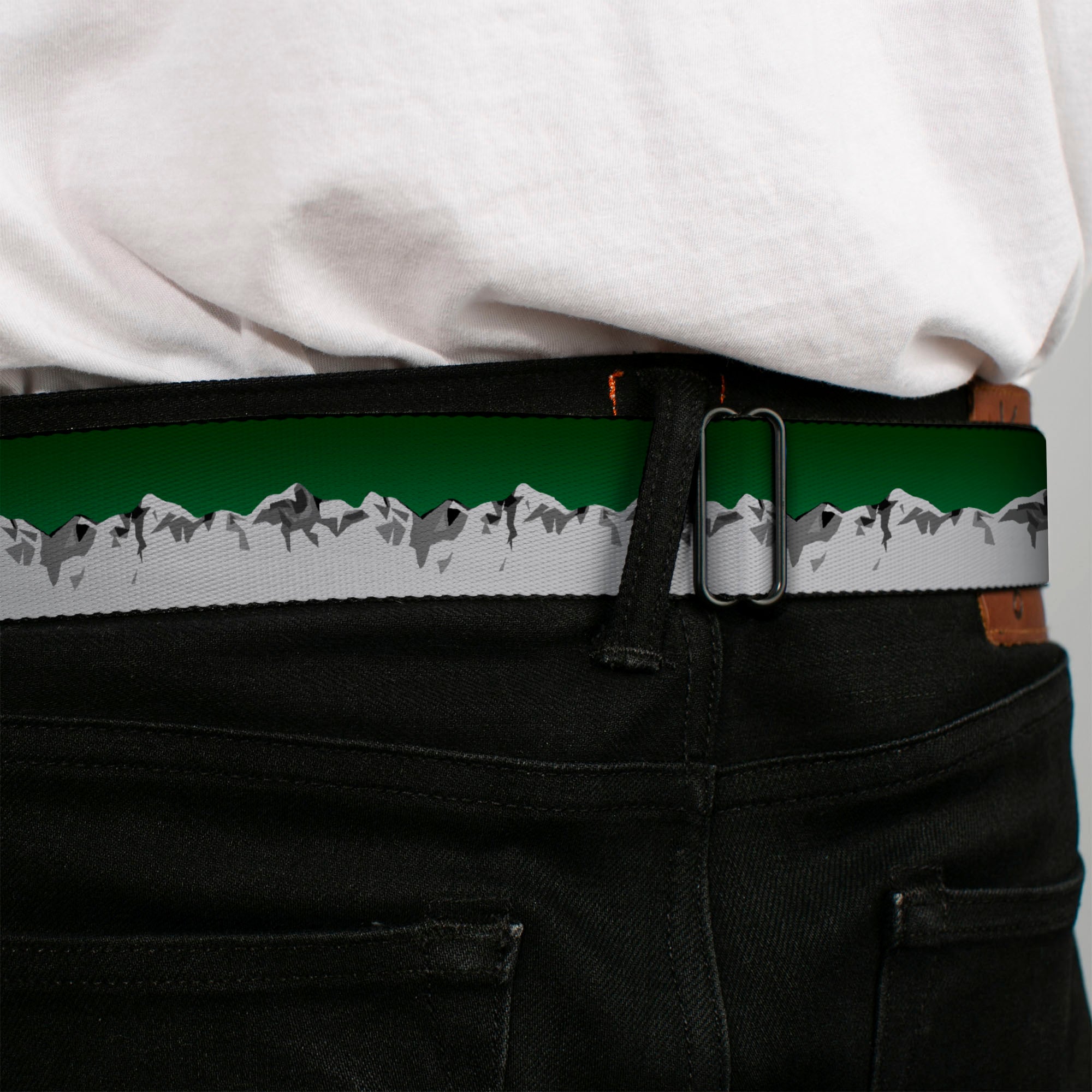 BD Wings Logo CLOSE-UP Black/Silver Seatbelt Belt - Colorado Mountains Green/Grays Webbing Seatbelt Belts Buckle-Down