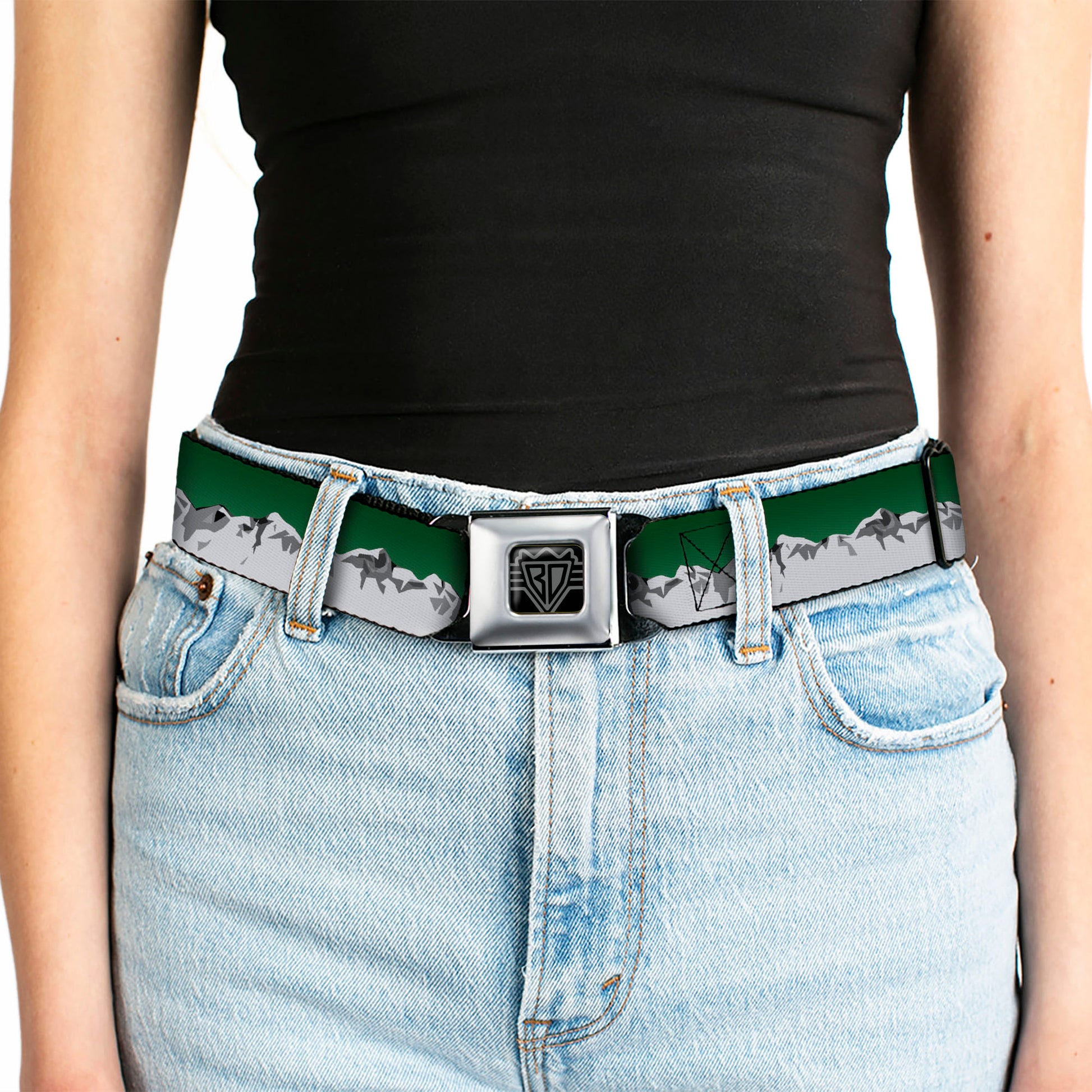 BD Wings Logo CLOSE-UP Black/Silver Seatbelt Belt - Colorado Mountains Green/Grays Webbing Seatbelt Belts Buckle-Down