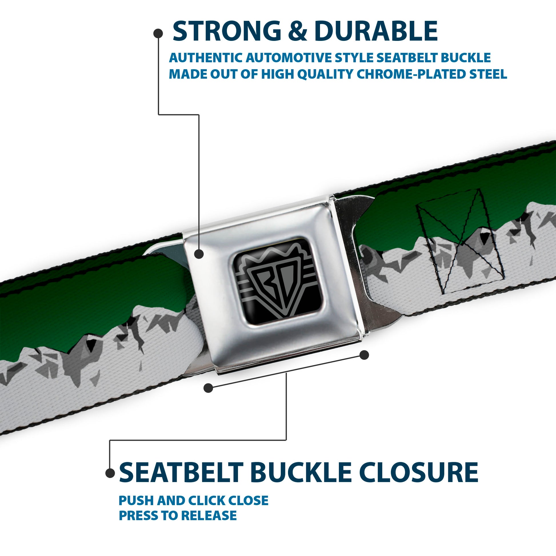 BD Wings Logo CLOSE-UP Black/Silver Seatbelt Belt - Colorado Mountains Green/Grays Webbing Seatbelt Belts Buckle-Down