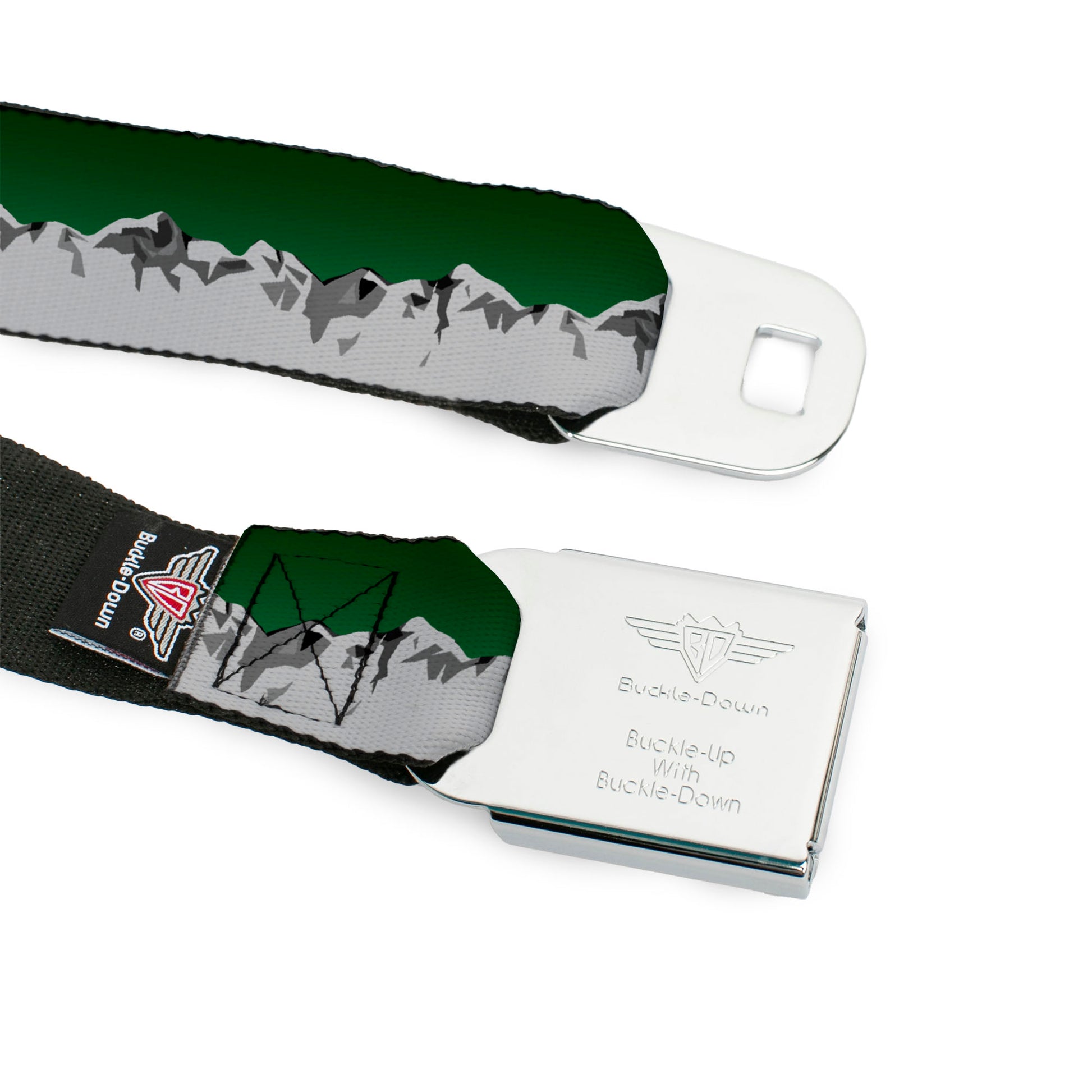 BD Wings Logo CLOSE-UP Black/Silver Seatbelt Belt - Colorado Mountains Green/Grays Webbing Seatbelt Belts Buckle-Down