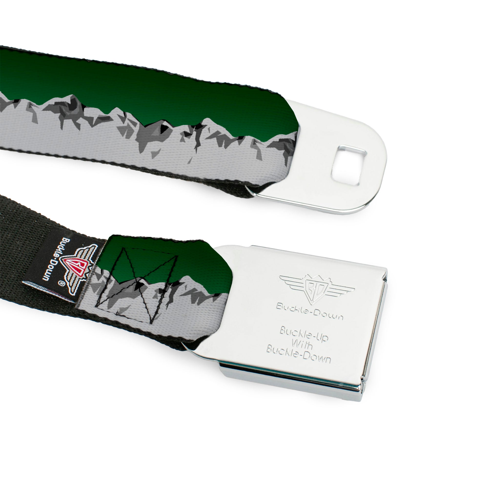 BD Wings Logo CLOSE-UP Black/Silver Seatbelt Belt - Colorado Mountains Green/Grays Webbing Seatbelt Belts Buckle-Down