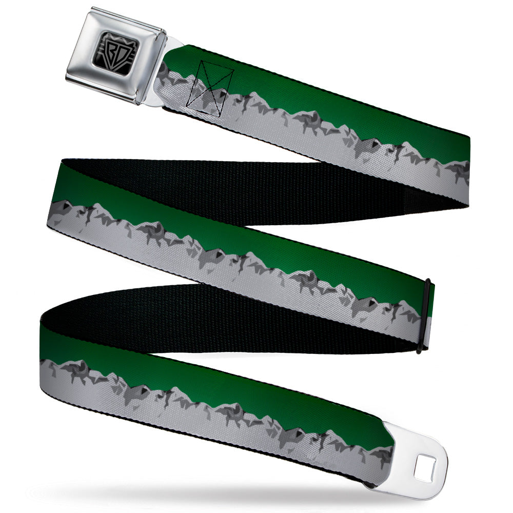 BD Wings Logo CLOSE-UP Black/Silver Seatbelt Belt - Colorado Mountains Green/Grays Webbing Seatbelt Belts Buckle-Down