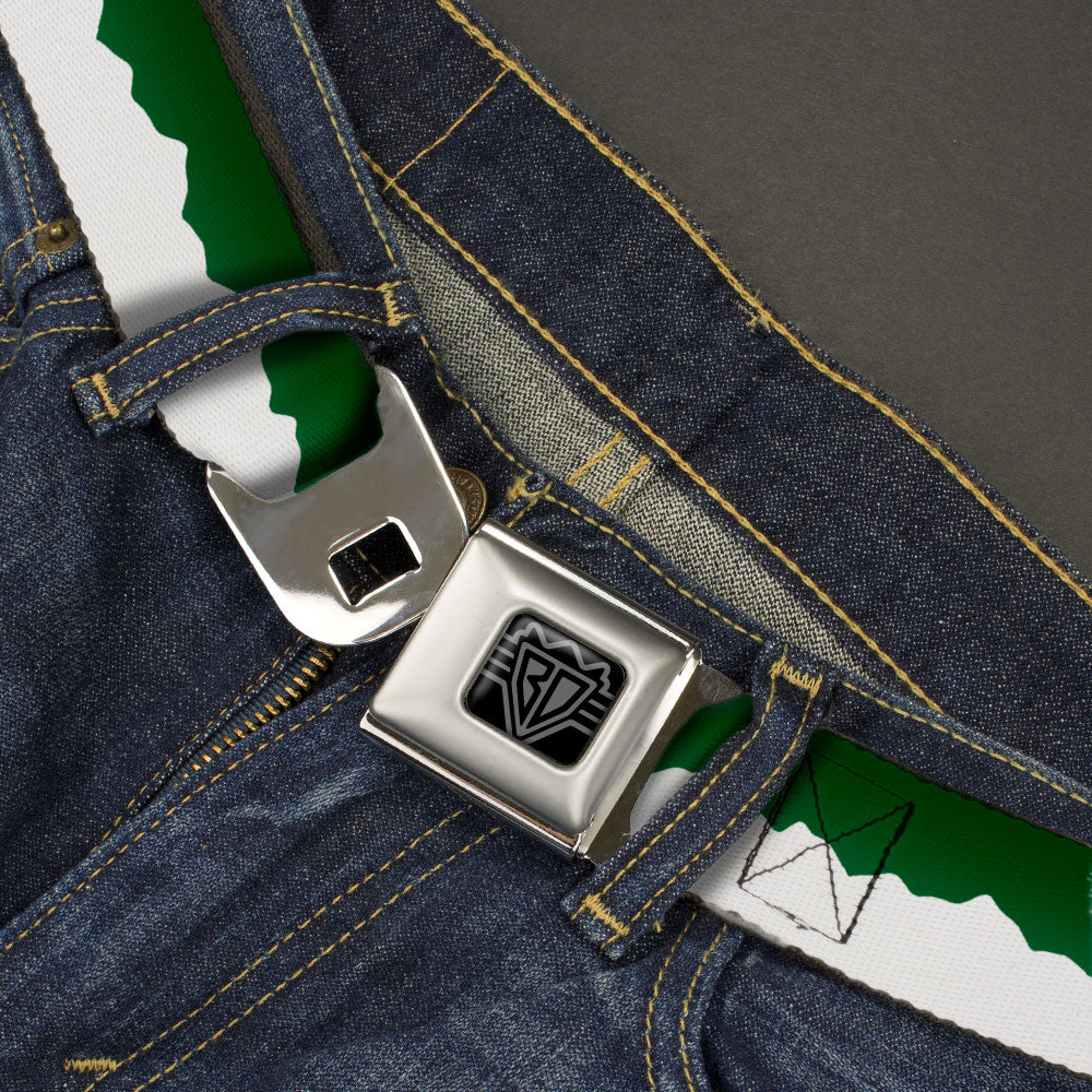 BD Wings Logo CLOSE-UP Black/Silver Seatbelt Belt - Colorado Solid Mountains Green/White Webbing Seatbelt Belts Buckle-Down
