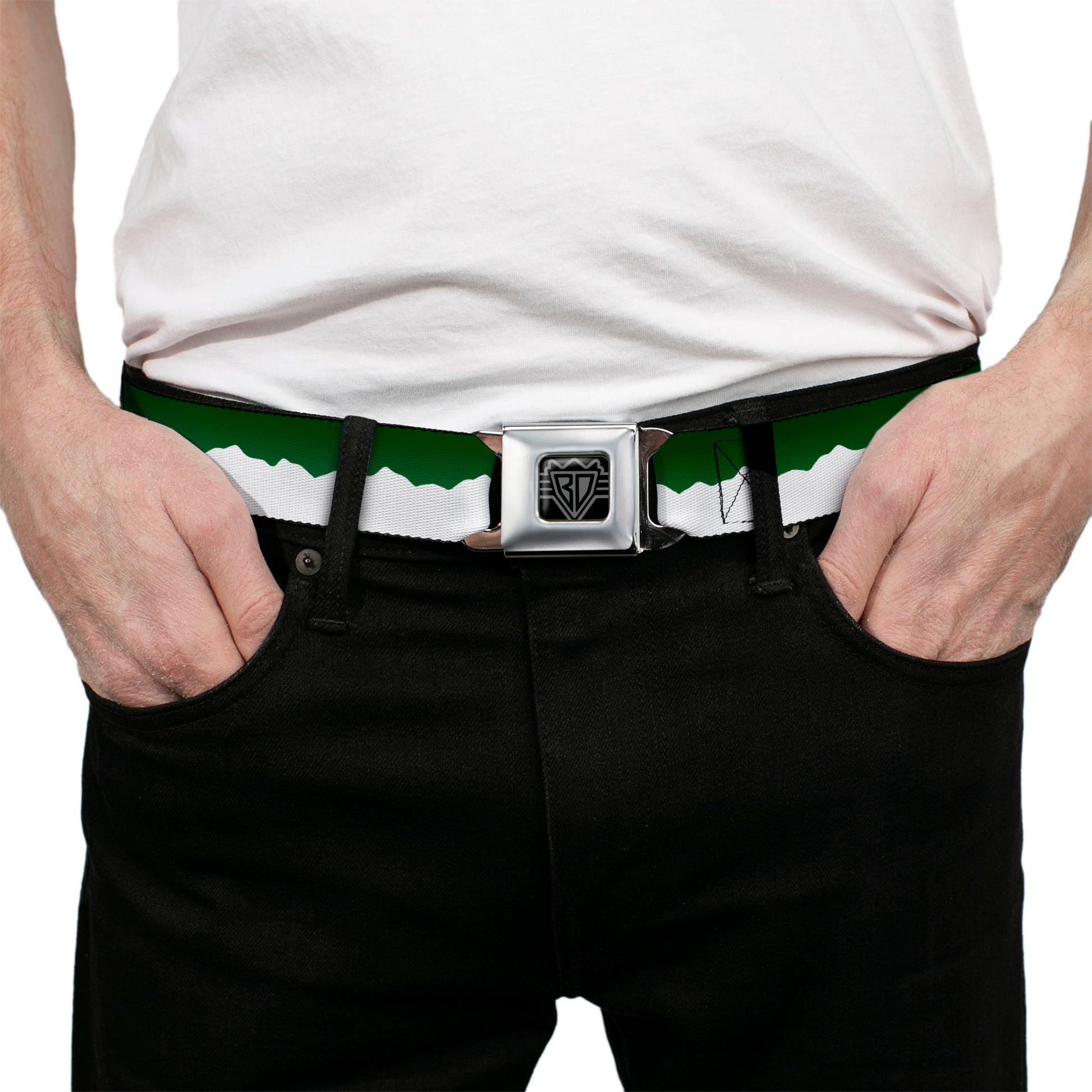 BD Wings Logo CLOSE-UP Black/Silver Seatbelt Belt - Colorado Solid Mountains Green/White Webbing Seatbelt Belts Buckle-Down
