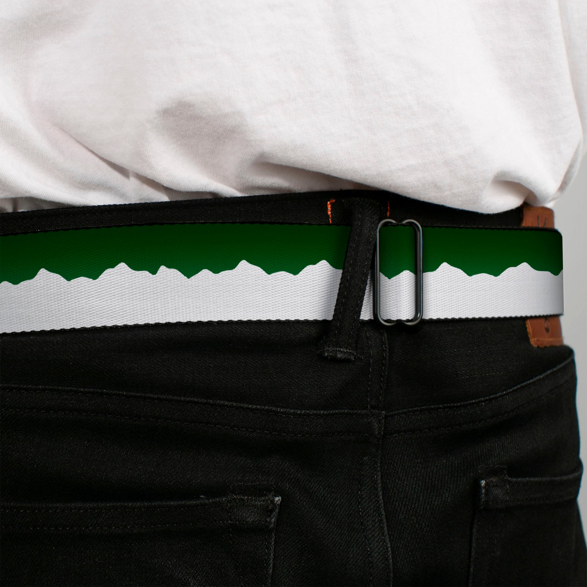 BD Wings Logo CLOSE-UP Black/Silver Seatbelt Belt - Colorado Solid Mountains Green/White Webbing Seatbelt Belts Buckle-Down