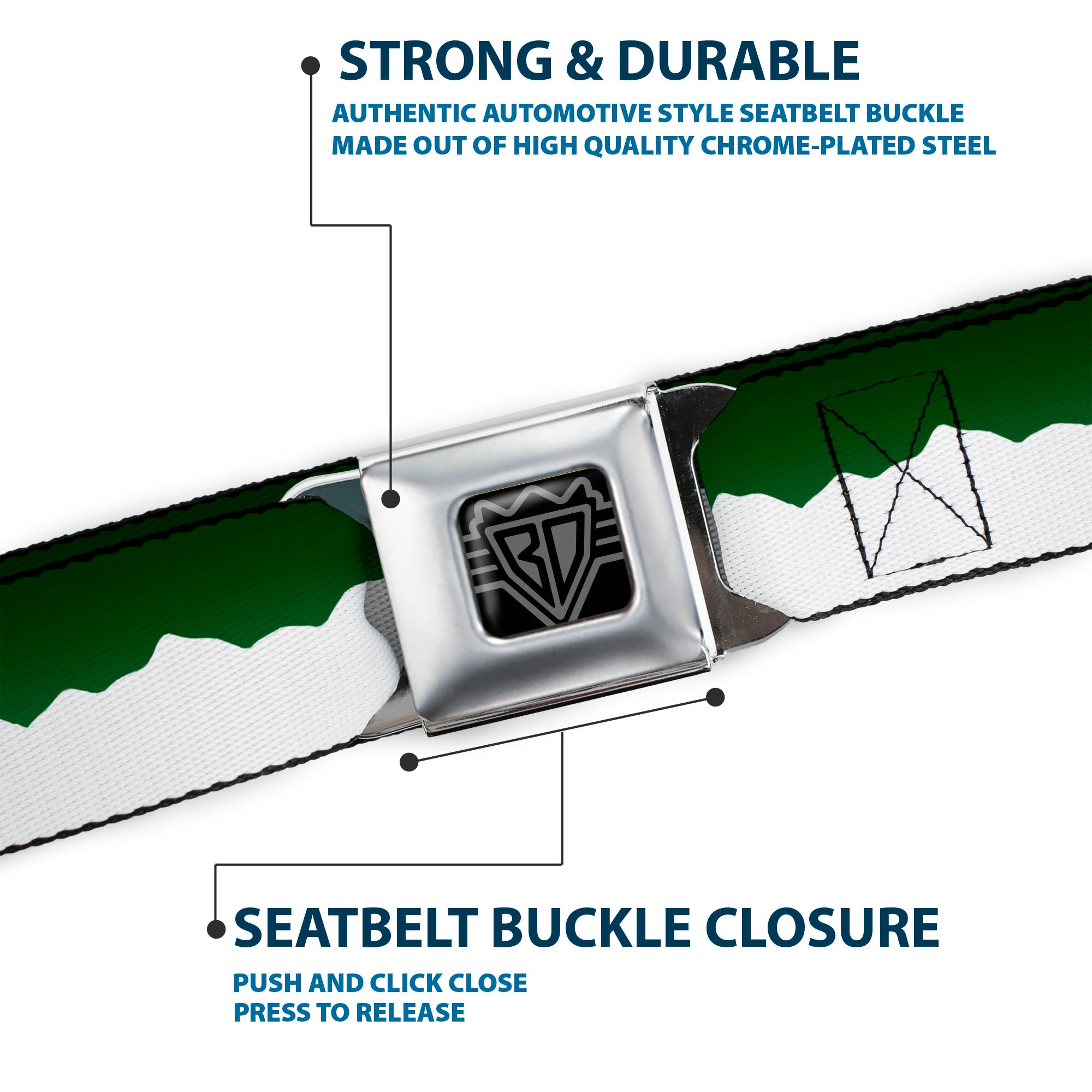 BD Wings Logo CLOSE-UP Black/Silver Seatbelt Belt - Colorado Solid Mountains Green/White Webbing Seatbelt Belts Buckle-Down