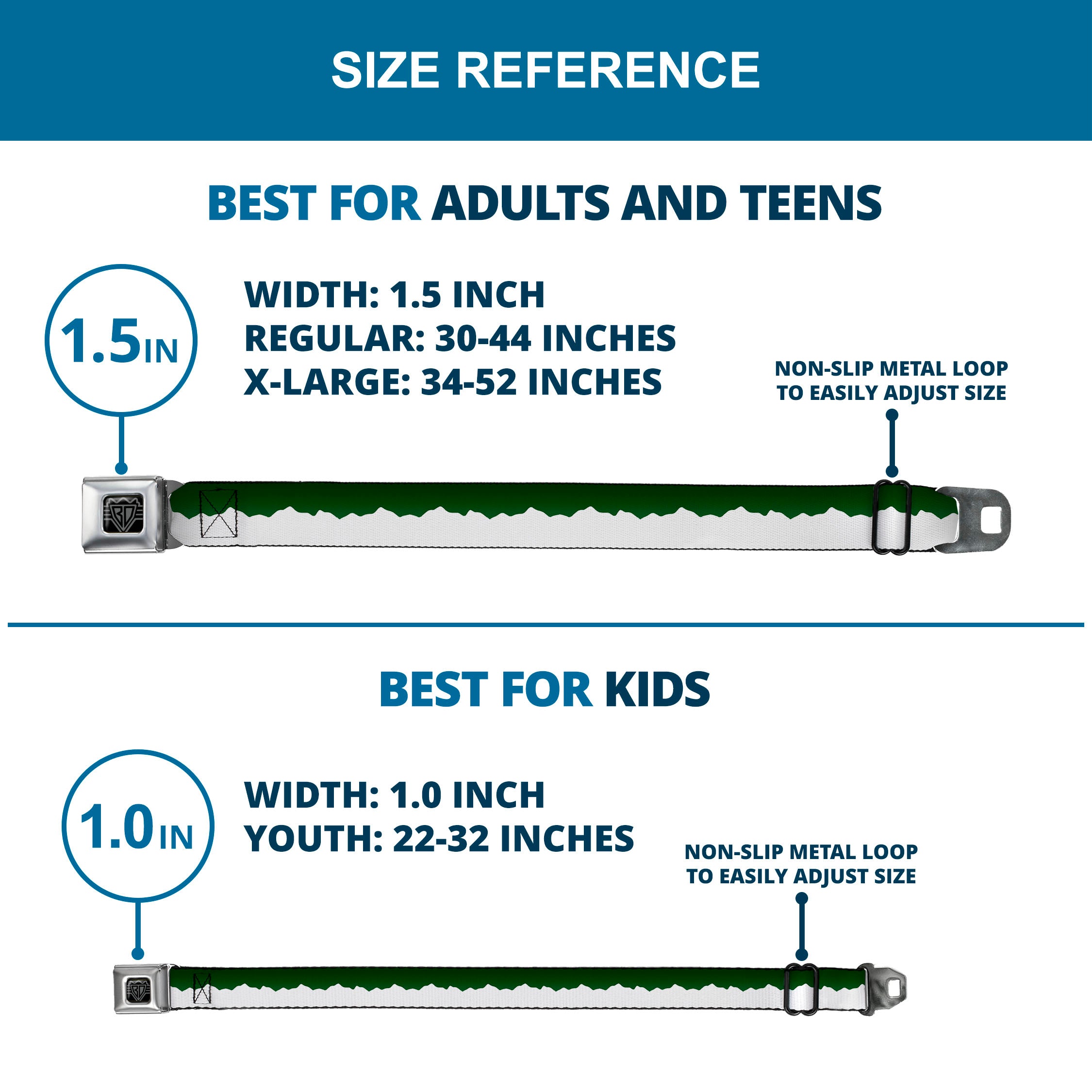 BD Wings Logo CLOSE-UP Black/Silver Seatbelt Belt - Colorado Solid Mountains Green/White Webbing Seatbelt Belts Buckle-Down