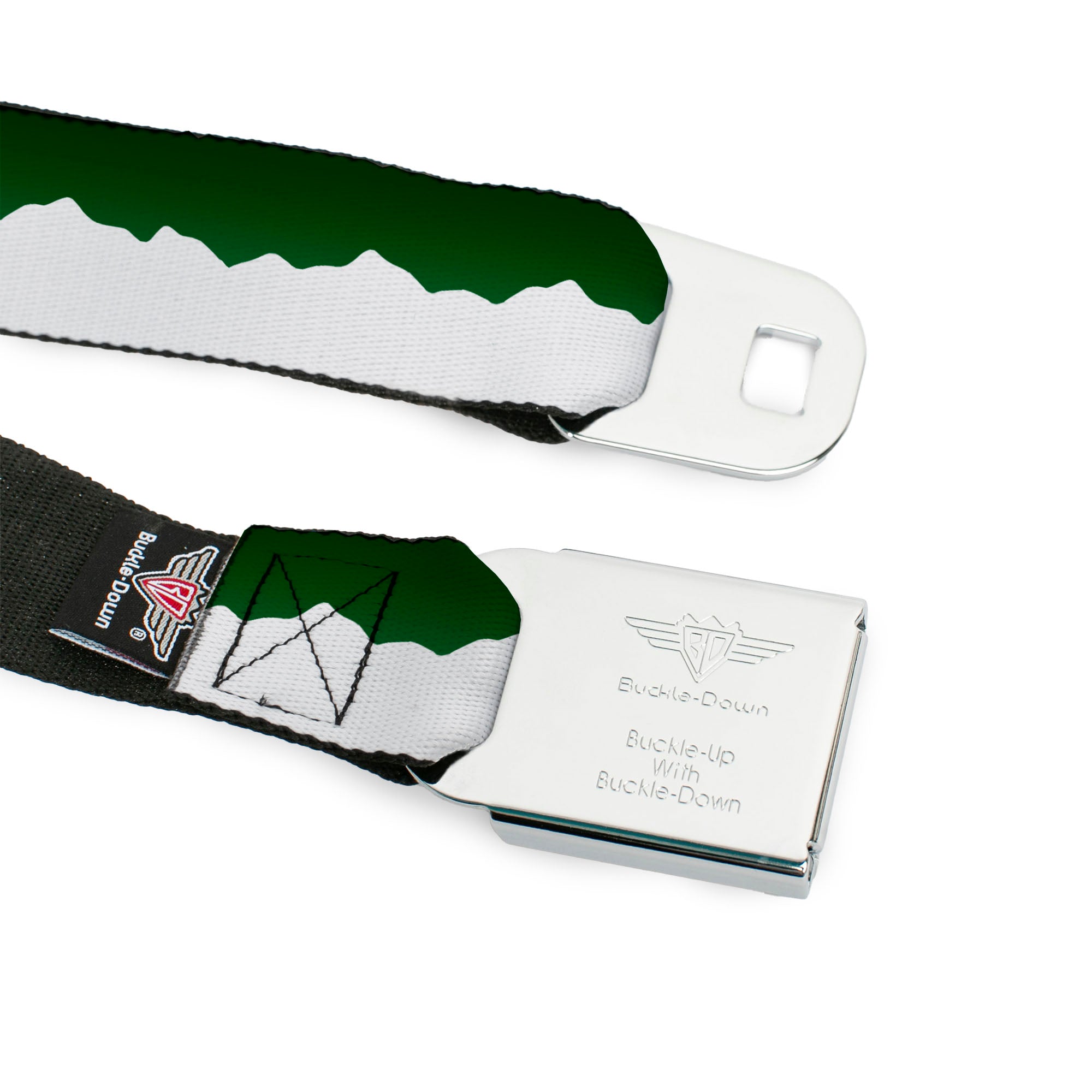 BD Wings Logo CLOSE-UP Black/Silver Seatbelt Belt - Colorado Solid Mountains Green/White Webbing Seatbelt Belts Buckle-Down