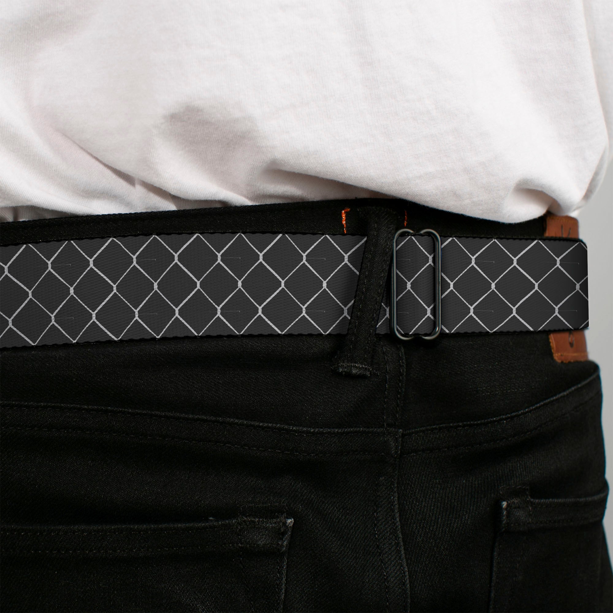 BD Wings Logo CLOSE-UP Full Color Black Silver Seatbelt Belt - Chain Link Fence Grays Webbing Seatbelt Belts Buckle-Down