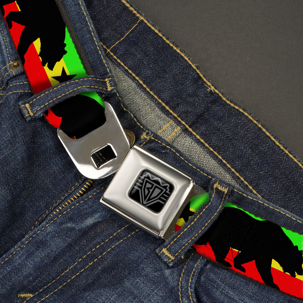 BD Wings Logo CLOSE-UP Black/Silver Seatbelt Belt - Cali Bear/Star Silhouette Rasta/Black Webbing Seatbelt Belts Buckle-Down