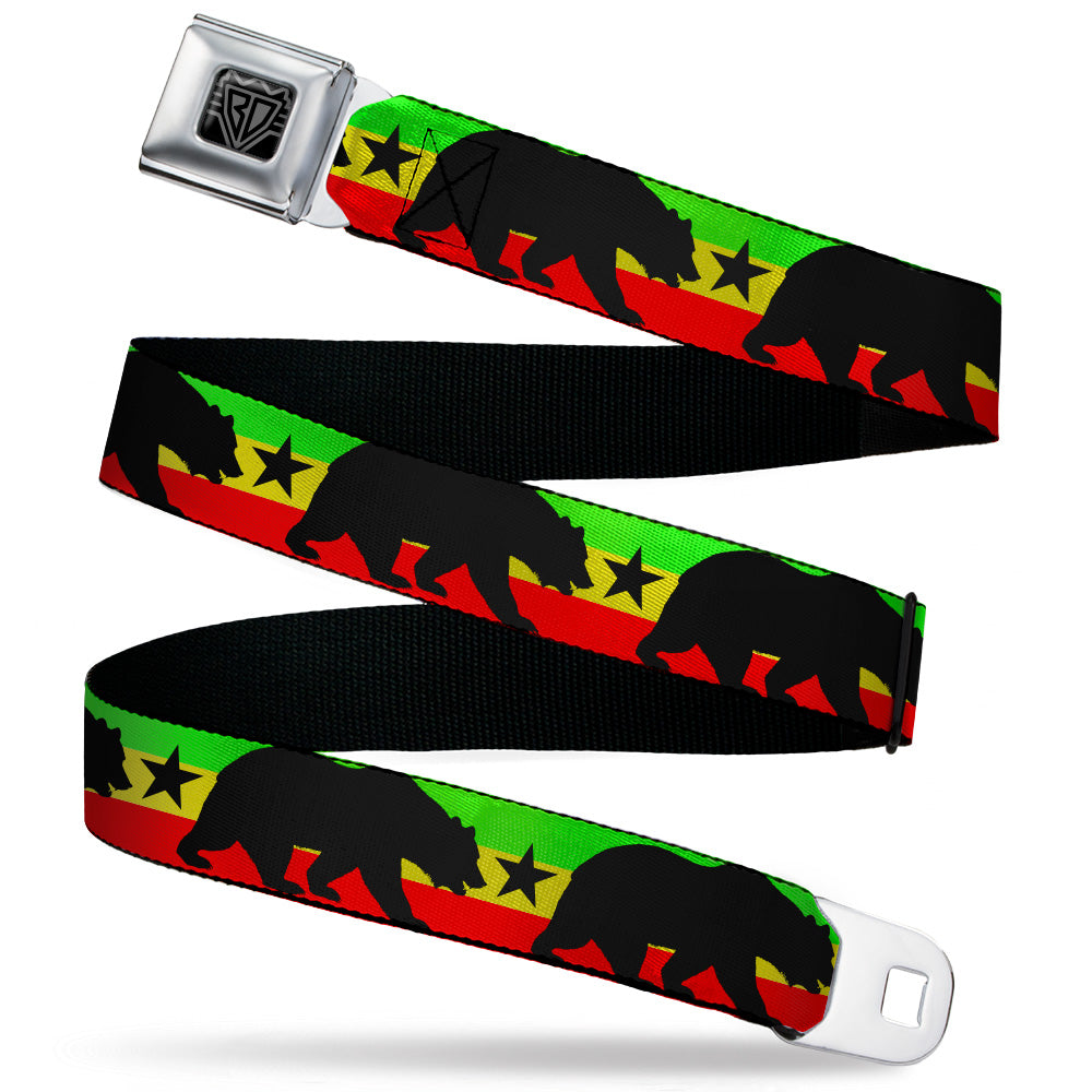 BD Wings Logo CLOSE-UP Black/Silver Seatbelt Belt - Cali Bear/Star Silhouette Rasta/Black Webbing Seatbelt Belts Buckle-Down