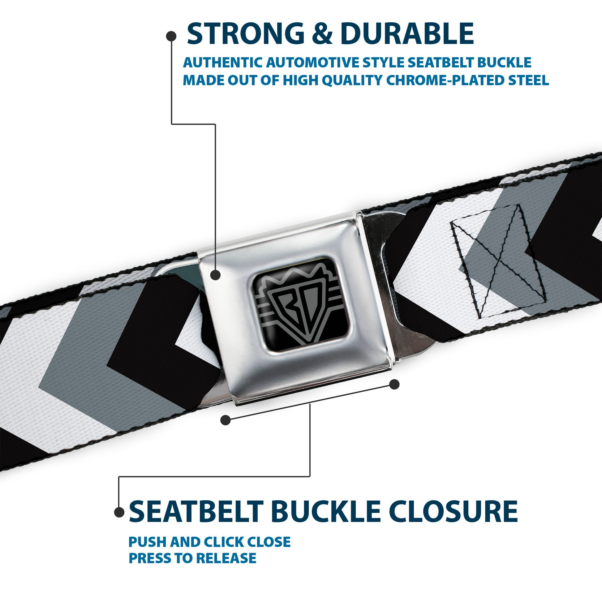 BD Wings Logo CLOSE-UP Full Color Black Silver Seatbelt Belt - Chevron White/Gray/Black Webbing Seatbelt Belts Buckle-Down