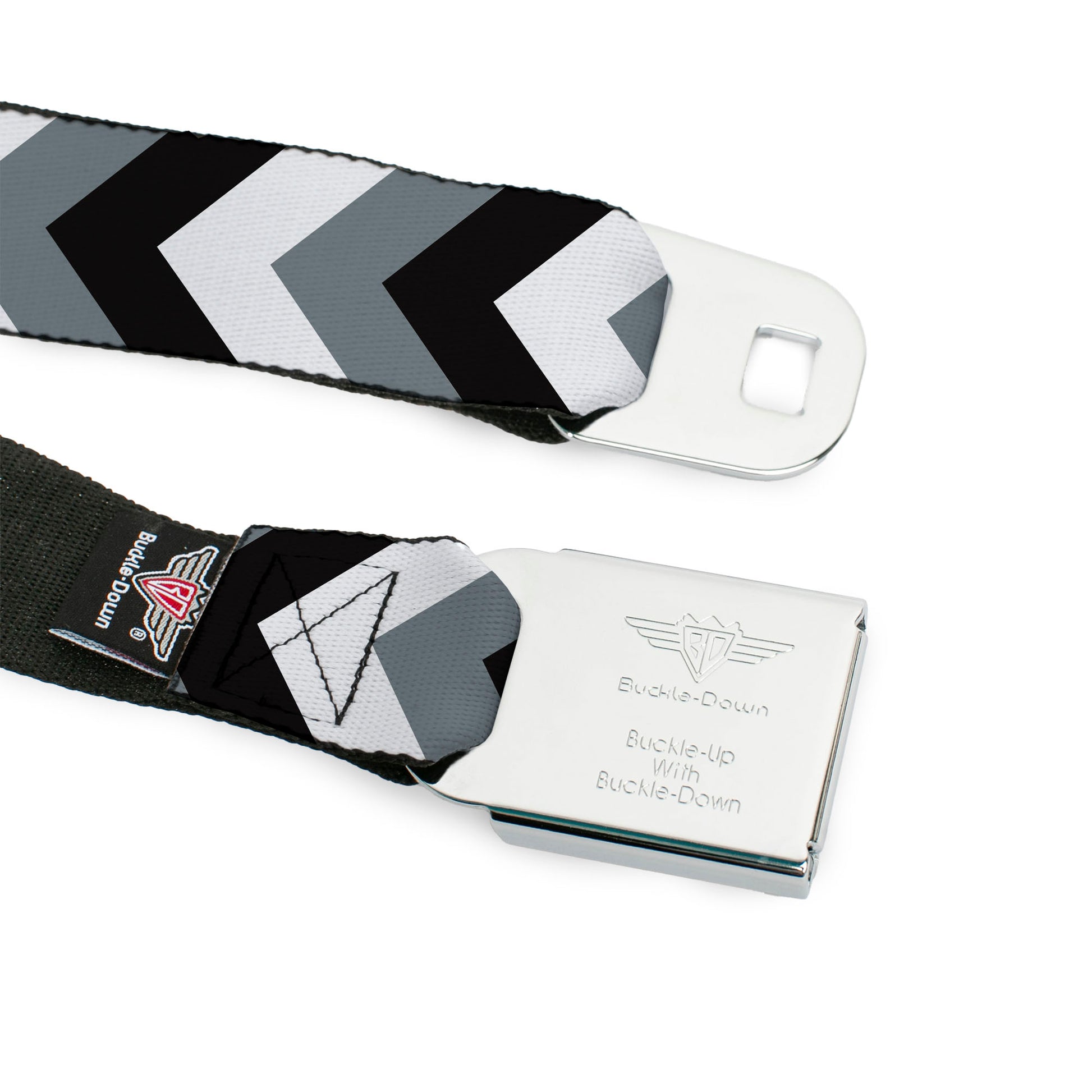 BD Wings Logo CLOSE-UP Full Color Black Silver Seatbelt Belt - Chevron White/Gray/Black Webbing Seatbelt Belts Buckle-Down
