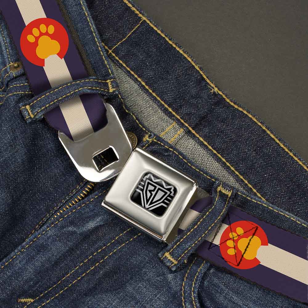 BD Wings Logo CLOSE-UP Full Color Black Silver Seatbelt Belt - Colorado Flag/Paw Print Webbing Seatbelt Belts Buckle-Down