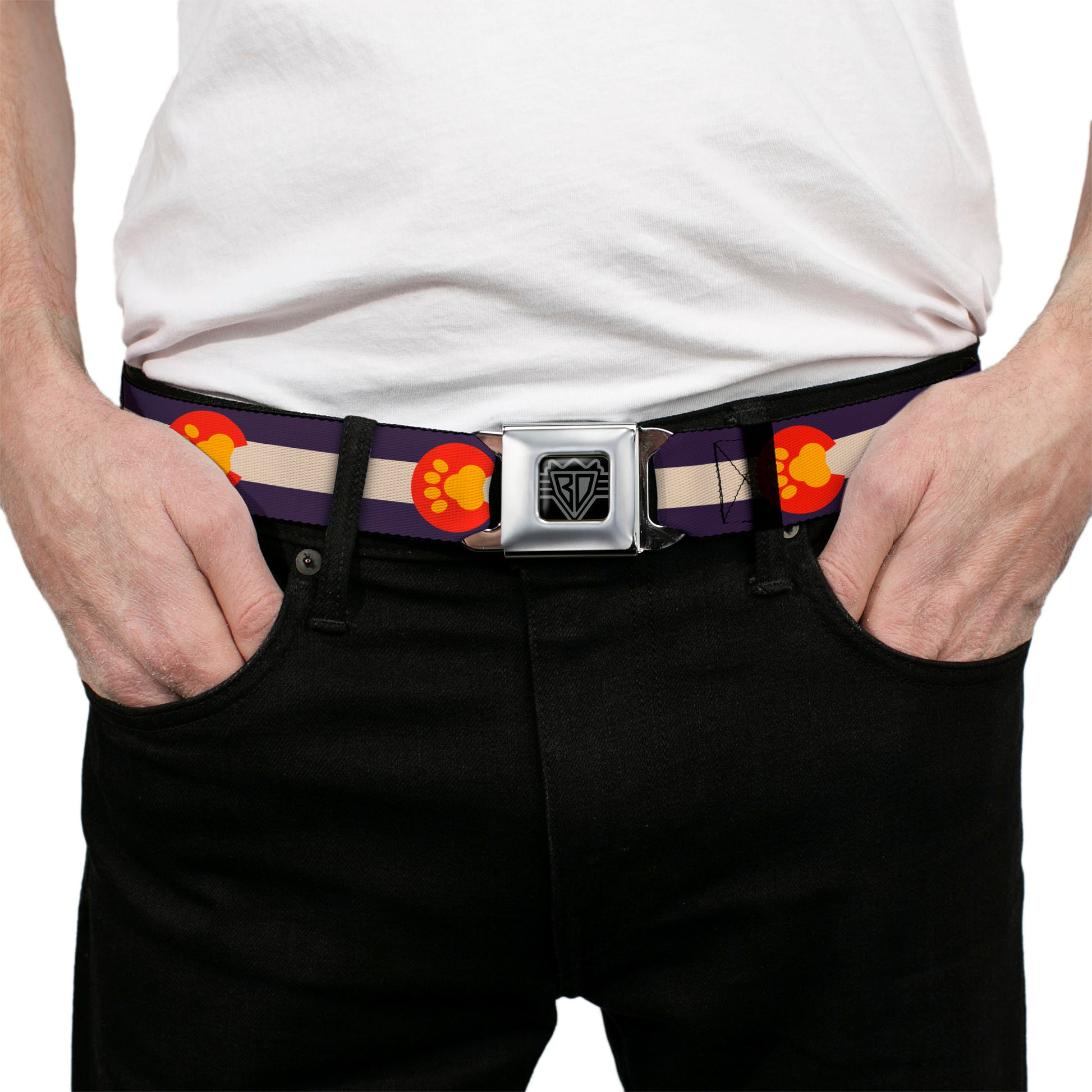 BD Wings Logo CLOSE-UP Full Color Black Silver Seatbelt Belt - Colorado Flag/Paw Print Webbing Seatbelt Belts Buckle-Down