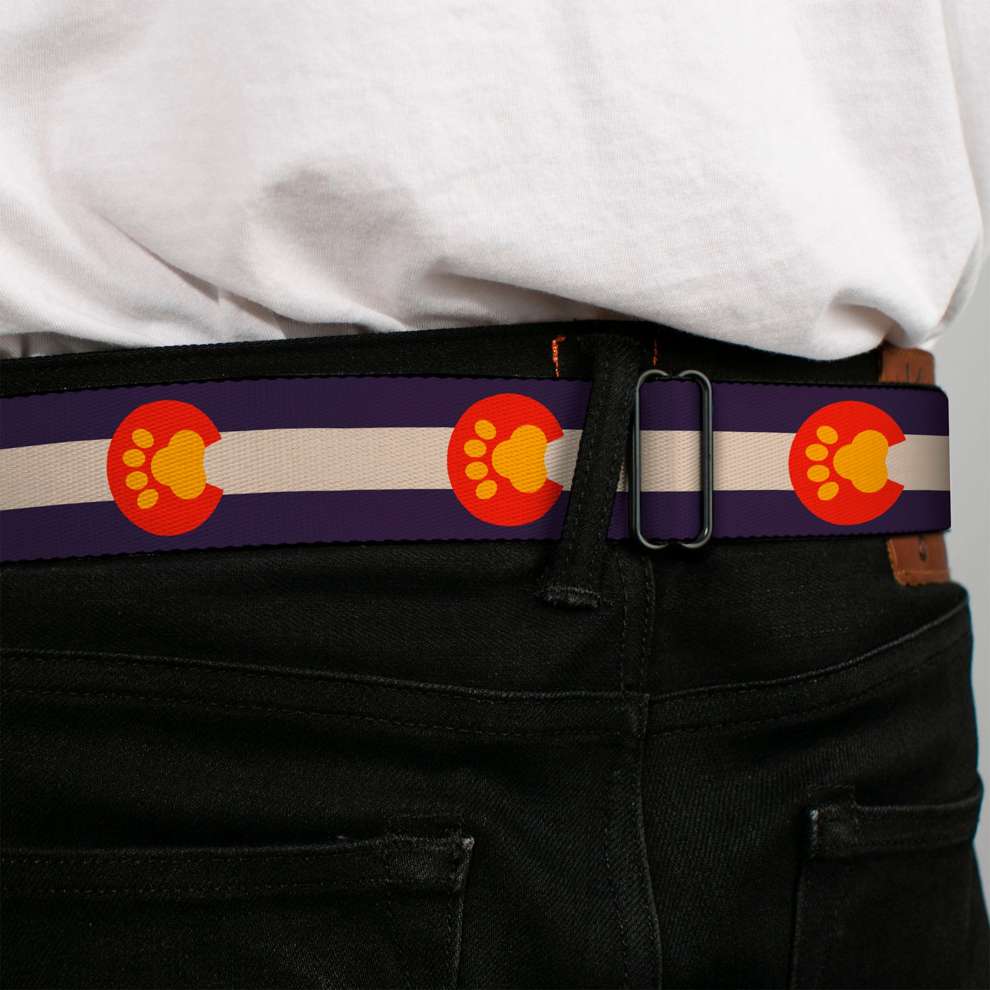 BD Wings Logo CLOSE-UP Full Color Black Silver Seatbelt Belt - Colorado Flag/Paw Print Webbing Seatbelt Belts Buckle-Down