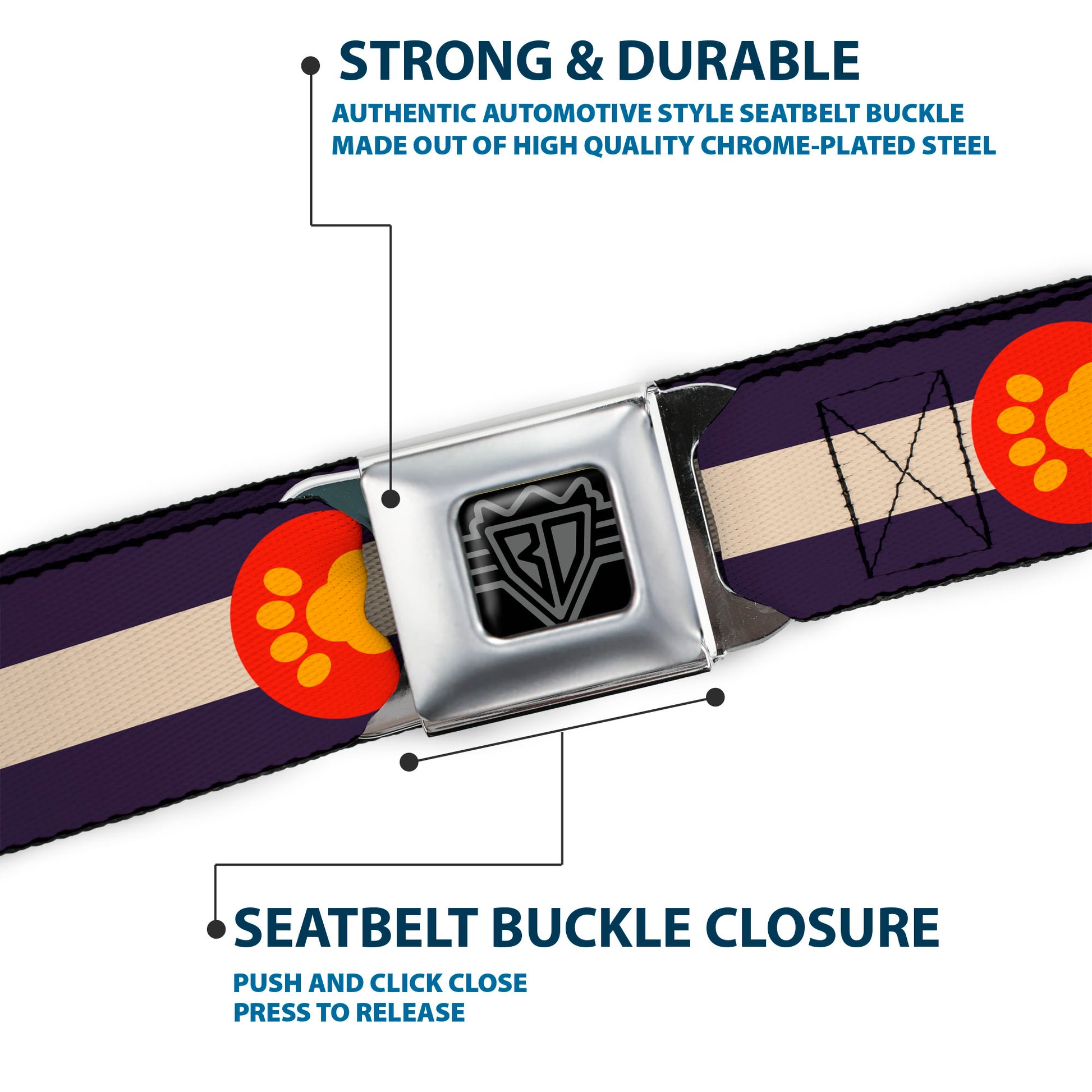 BD Wings Logo CLOSE-UP Full Color Black Silver Seatbelt Belt - Colorado Flag/Paw Print Webbing Seatbelt Belts Buckle-Down