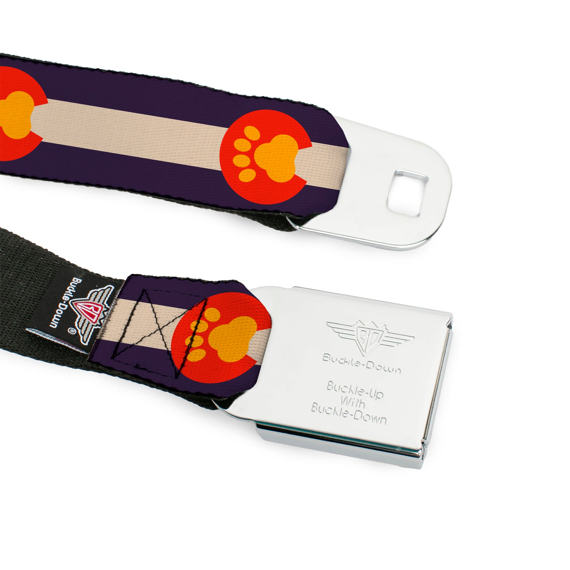 BD Wings Logo CLOSE-UP Full Color Black Silver Seatbelt Belt - Colorado Flag/Paw Print Webbing Seatbelt Belts Buckle-Down