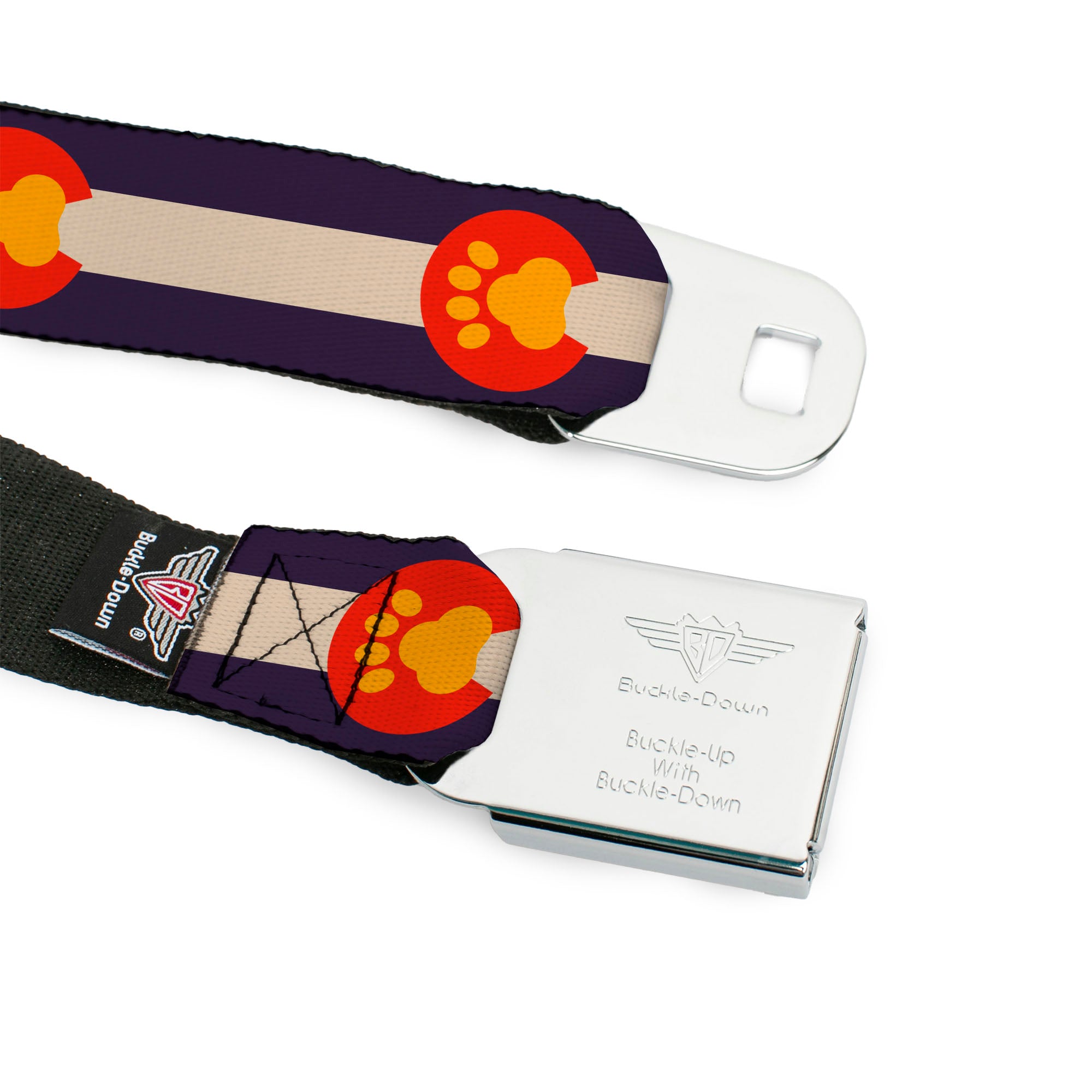 BD Wings Logo CLOSE-UP Full Color Black Silver Seatbelt Belt - Colorado Flag/Paw Print Webbing Seatbelt Belts Buckle-Down