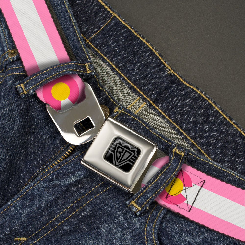 BD Wings Logo CLOSE-UP Black/Silver Seatbelt Belt - Colorado Flags5 Repeat Light Pink/White/Pink/Yellow Webbing Seatbelt Belts Buckle-Down