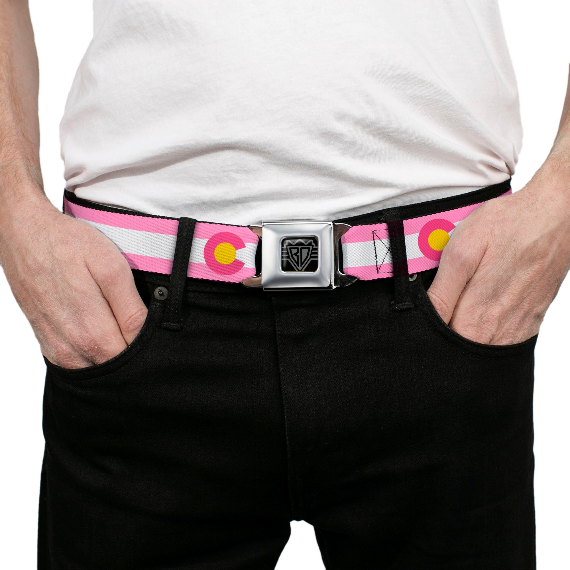 BD Wings Logo CLOSE-UP Black/Silver Seatbelt Belt - Colorado Flags5 Repeat Light Pink/White/Pink/Yellow Webbing Seatbelt Belts Buckle-Down