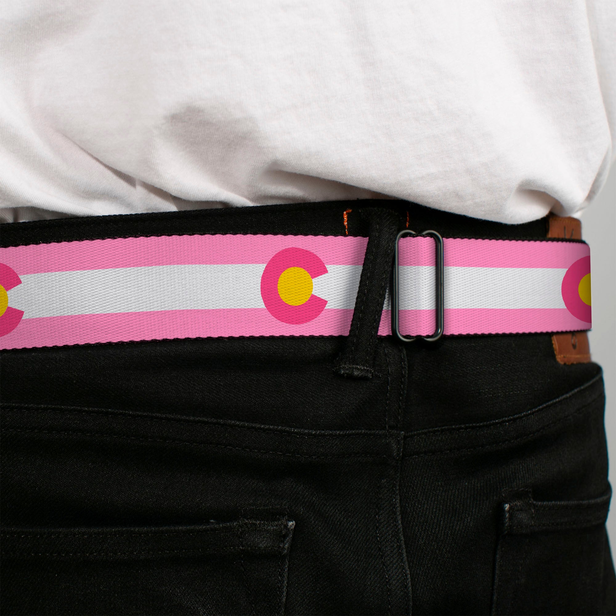 BD Wings Logo CLOSE-UP Black/Silver Seatbelt Belt - Colorado Flags5 Repeat Light Pink/White/Pink/Yellow Webbing Seatbelt Belts Buckle-Down