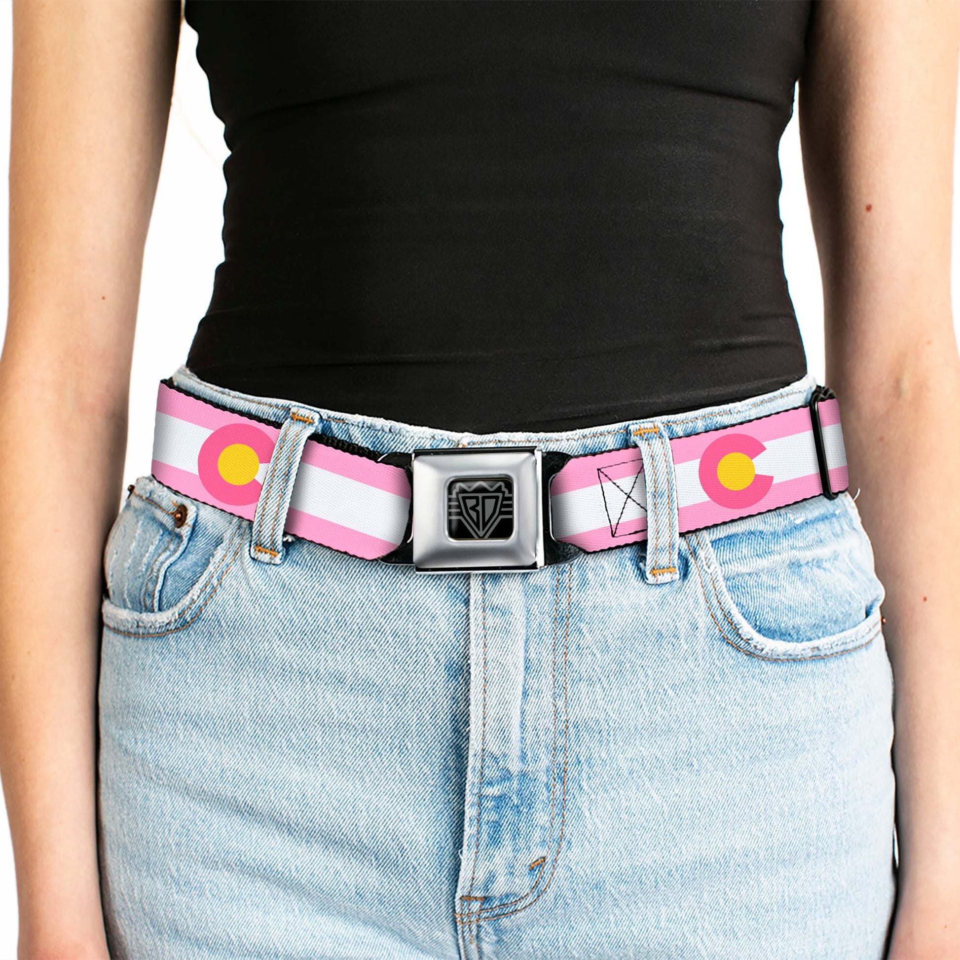 BD Wings Logo CLOSE-UP Black/Silver Seatbelt Belt - Colorado Flags5 Repeat Light Pink/White/Pink/Yellow Webbing Seatbelt Belts Buckle-Down