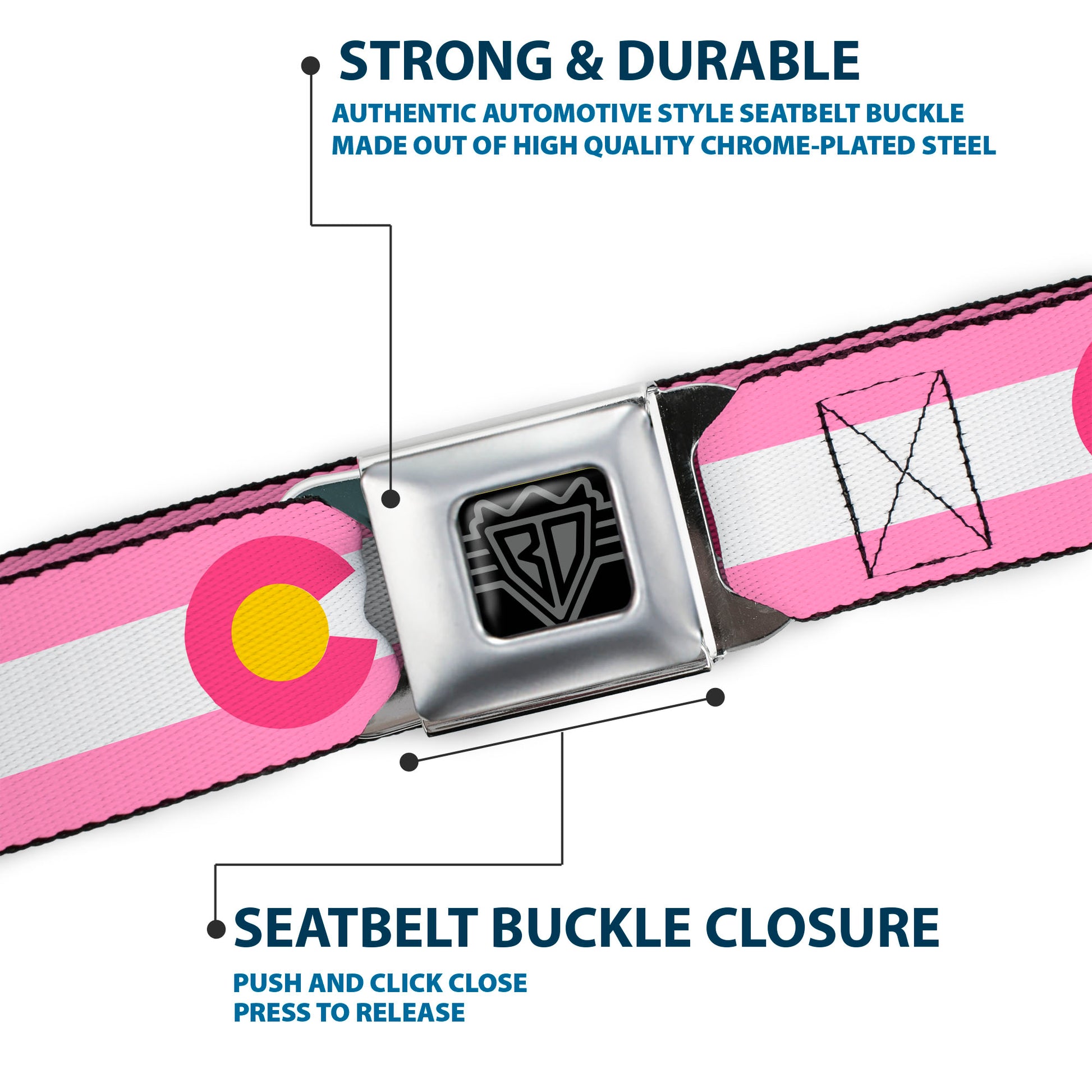 BD Wings Logo CLOSE-UP Black/Silver Seatbelt Belt - Colorado Flags5 Repeat Light Pink/White/Pink/Yellow Webbing Seatbelt Belts Buckle-Down