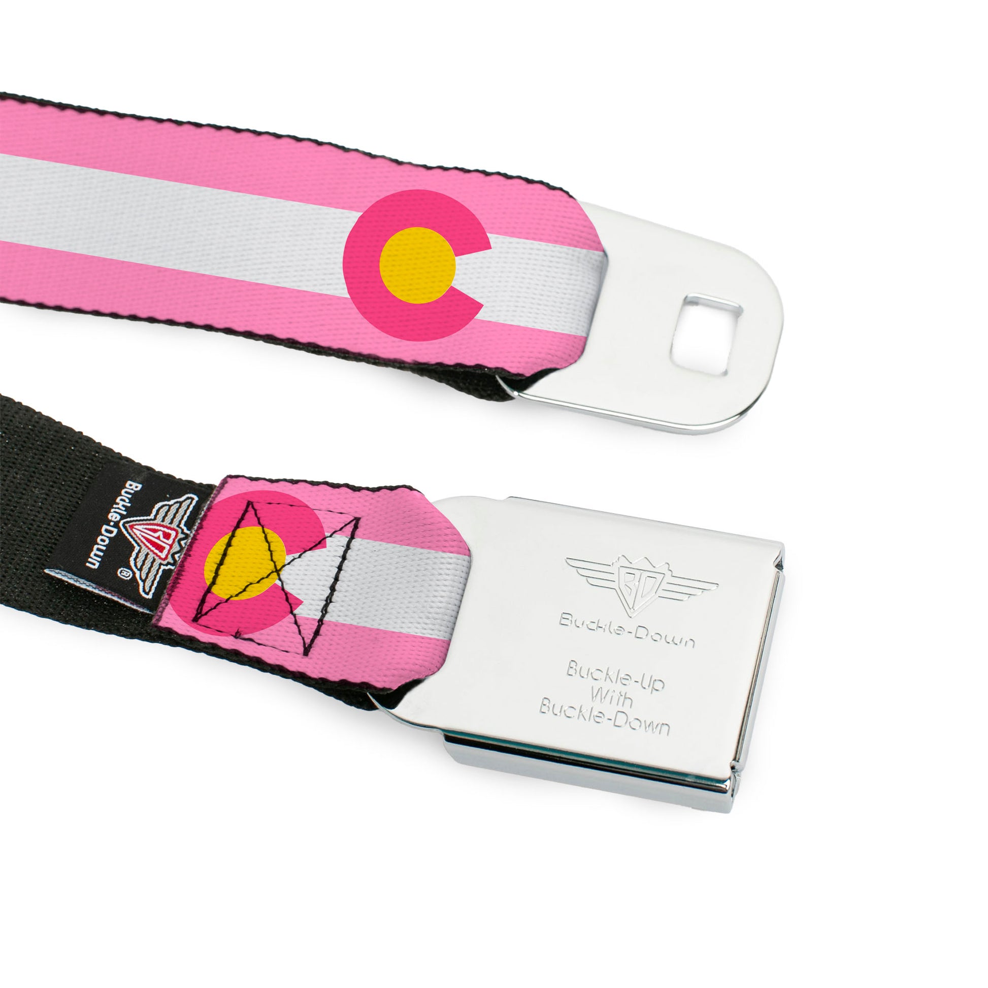 BD Wings Logo CLOSE-UP Black/Silver Seatbelt Belt - Colorado Flags5 Repeat Light Pink/White/Pink/Yellow Webbing Seatbelt Belts Buckle-Down