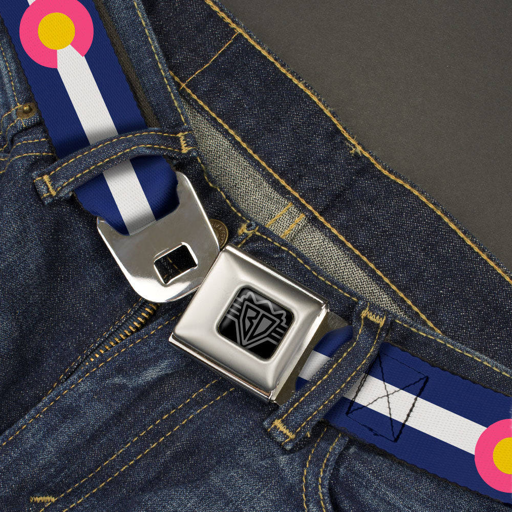 BD Wings Logo CLOSE-UP Black/Silver Seatbelt Belt - Colorado Flags6 Repeat Blue/White/Pink/Yellow Webbing Seatbelt Belts Buckle-Down