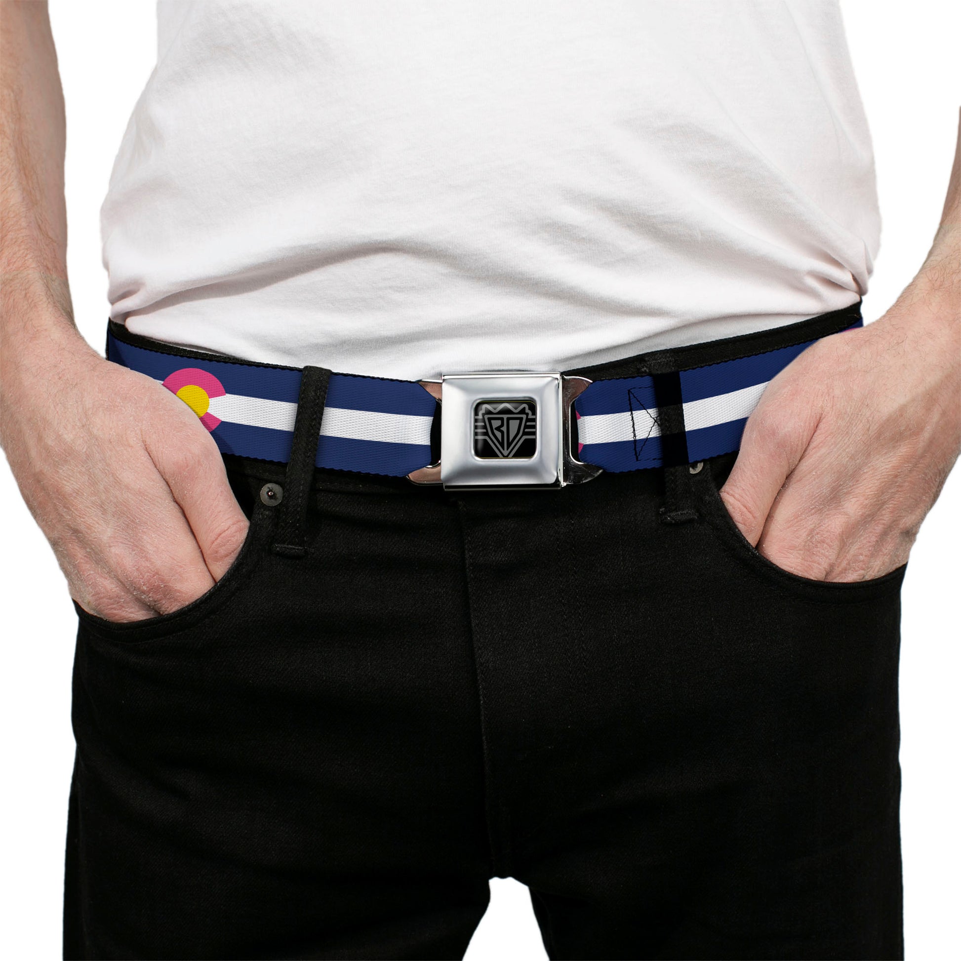 BD Wings Logo CLOSE-UP Black/Silver Seatbelt Belt - Colorado Flags6 Repeat Blue/White/Pink/Yellow Webbing Seatbelt Belts Buckle-Down